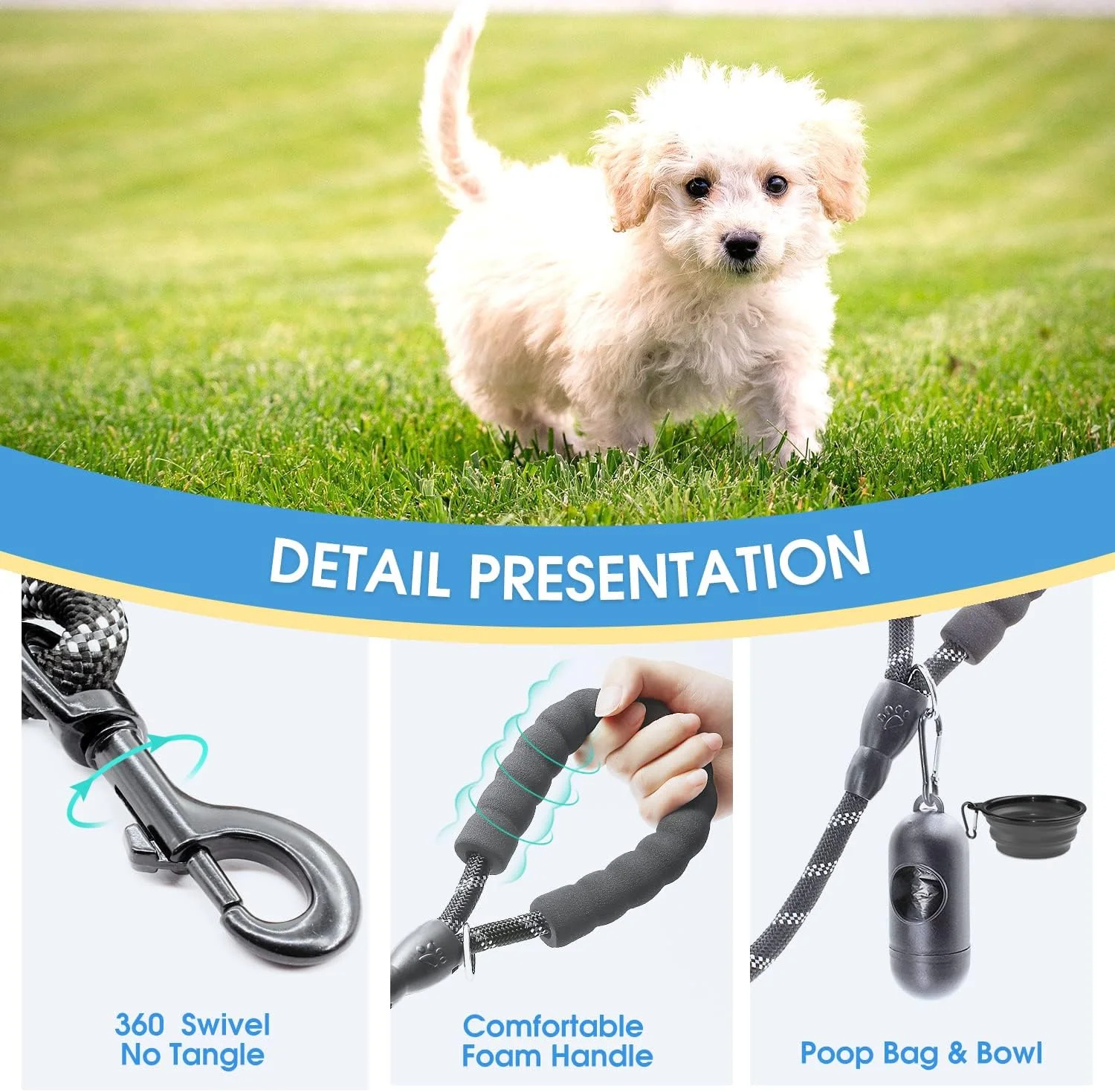 طناب سگ قوی BAAPET، 2 عددی، طول 1.5 متر، با دسته نرم و راحت و نخ های بازتابنده، مناسب برای سگ های کوچک، متوسط و بزرگ (ضخامت 8 میلی متر، مشکی+مشکی)