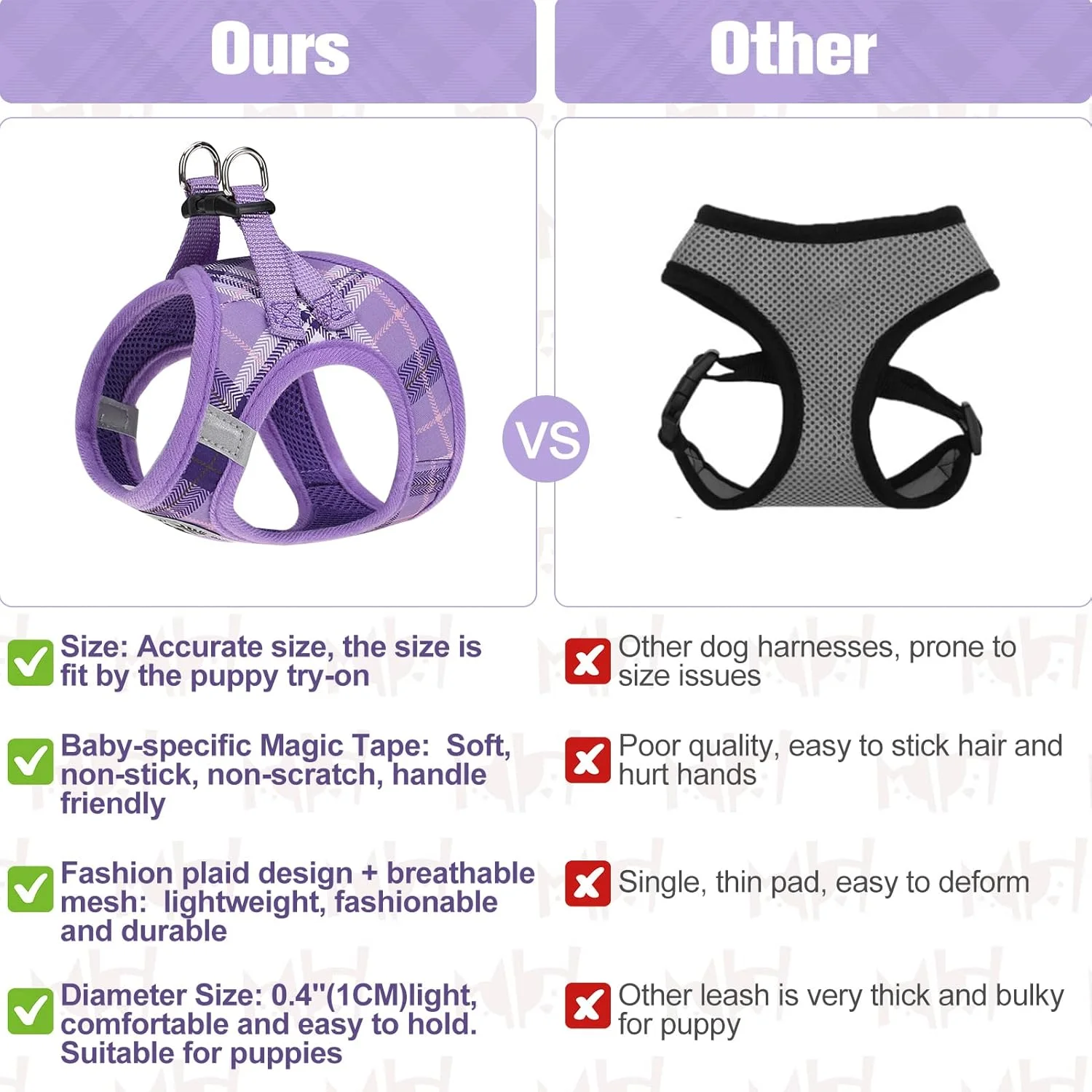 ست قلاده و بند سگ BEAUTYZOO، قلاده سگ توری نرم بدون کشیدگی و خفگی، مناسب سگ های خیلی کوچک/کوچک و متوسط، جلیقه سگ چهارخانه برای حیوانات خانگی XS S، بنفش M