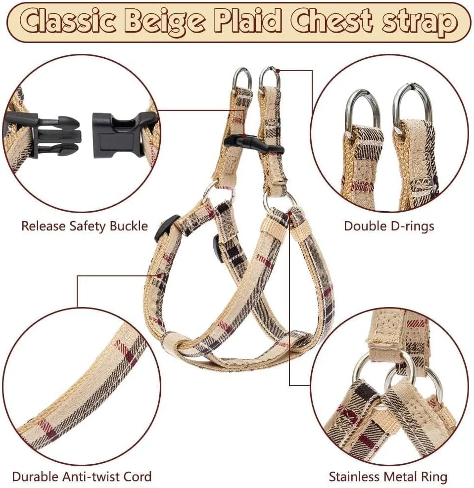 ست قلاده سگ BINGPET HKLY با بند و پاپیون - قلاده طرح چهارخانه بژ، جلیقه سگ قابل تنظیم و ضد فرار مناسب پیاده روی در فضای باز، مناسب برای سگ های کوچک و متوسط