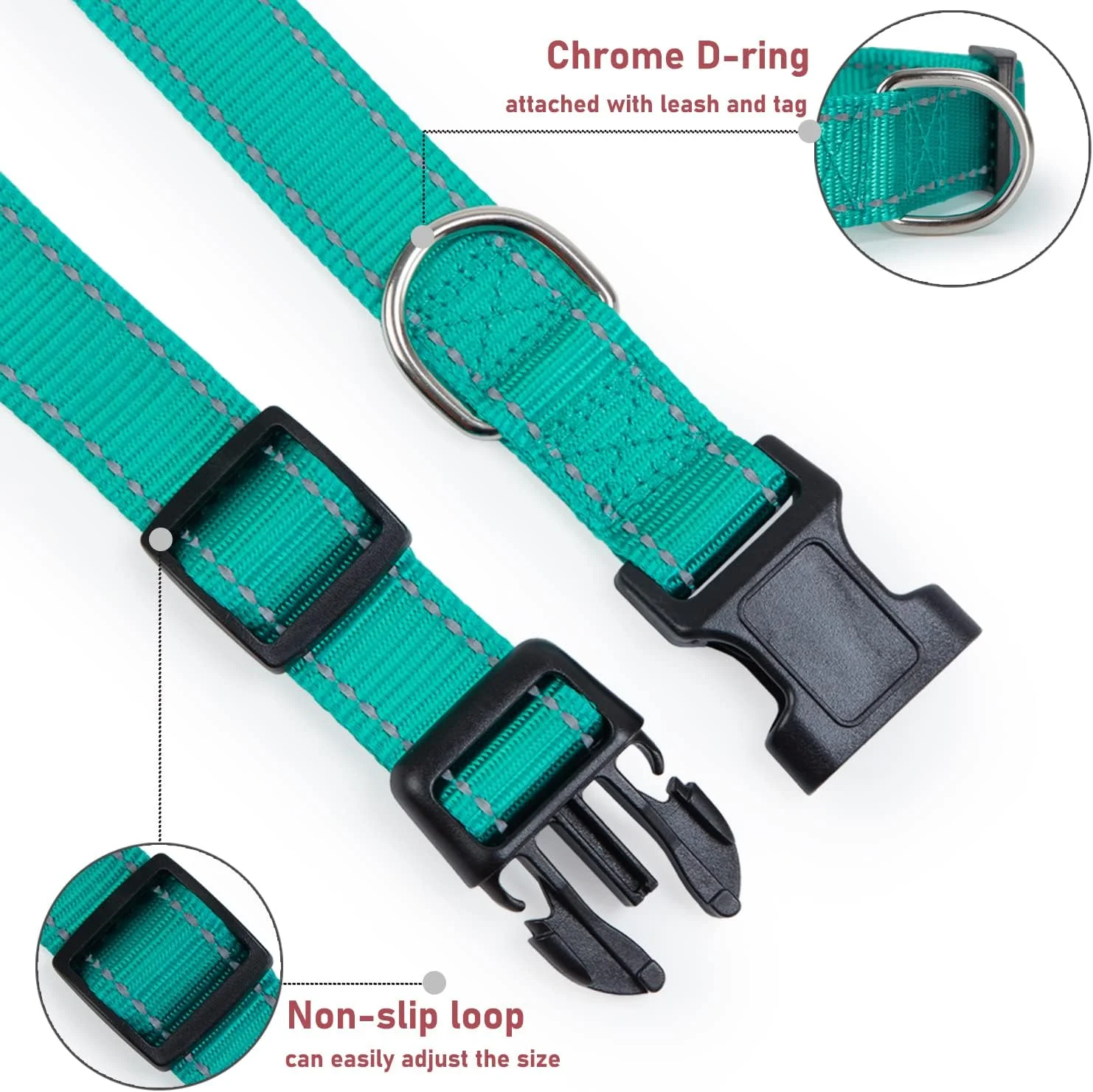 قلاده سگ بازتابنده بومیبو با سگک، قلاده های نایلونی ایمنی قابل تنظیم برای سگ های کوچک، متوسط و بزرگ، سبز S