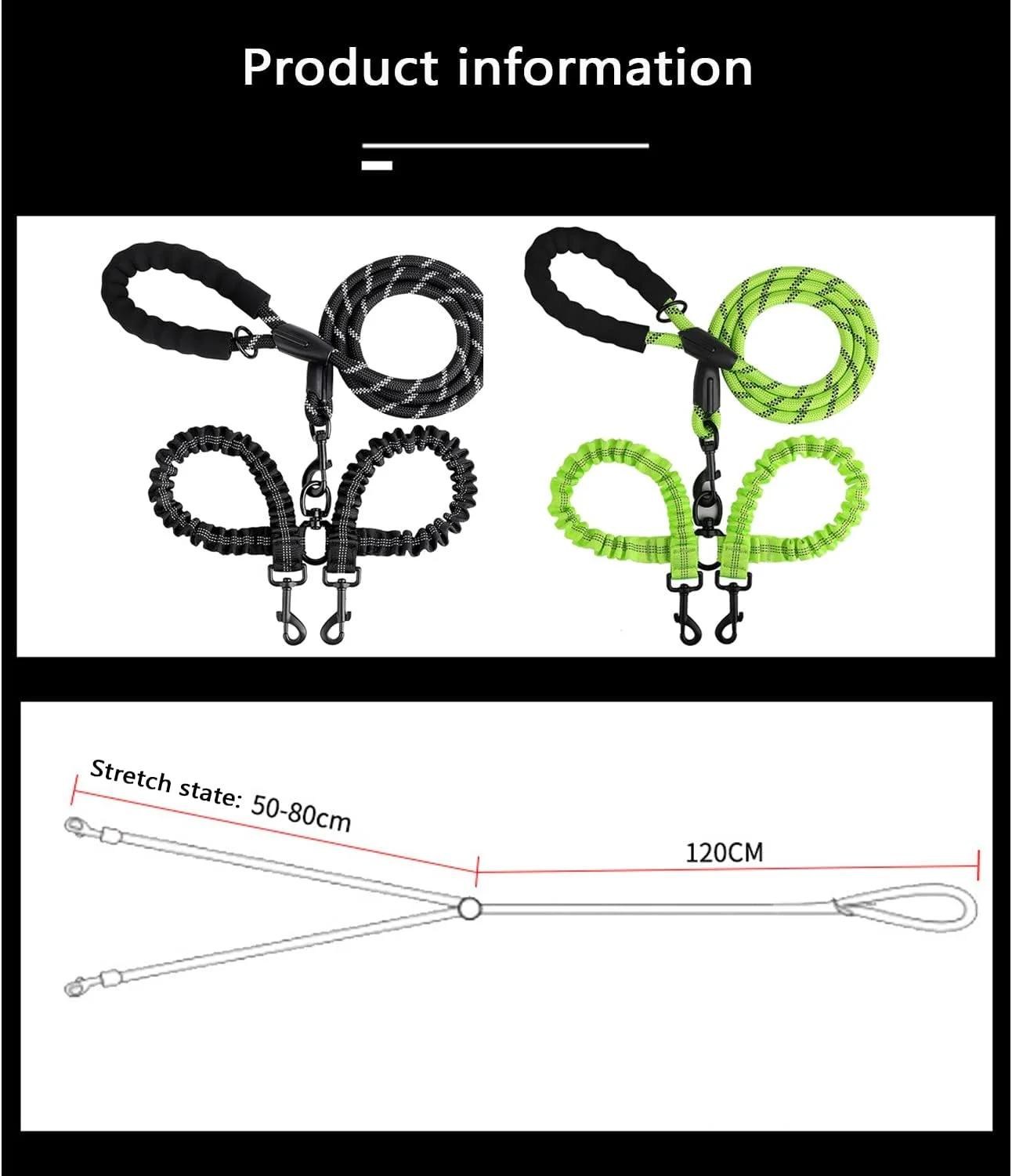 بند دو قلاده سگ، بند طنابی مقاوم برای سگ، دارای چرخش 360 درجه بدون گره خوردن، بند تقسیم کننده دوگانه با طول قابل تنظیم برای سگ های نژاد کوچک، متوسط و بزرگ (سبز)