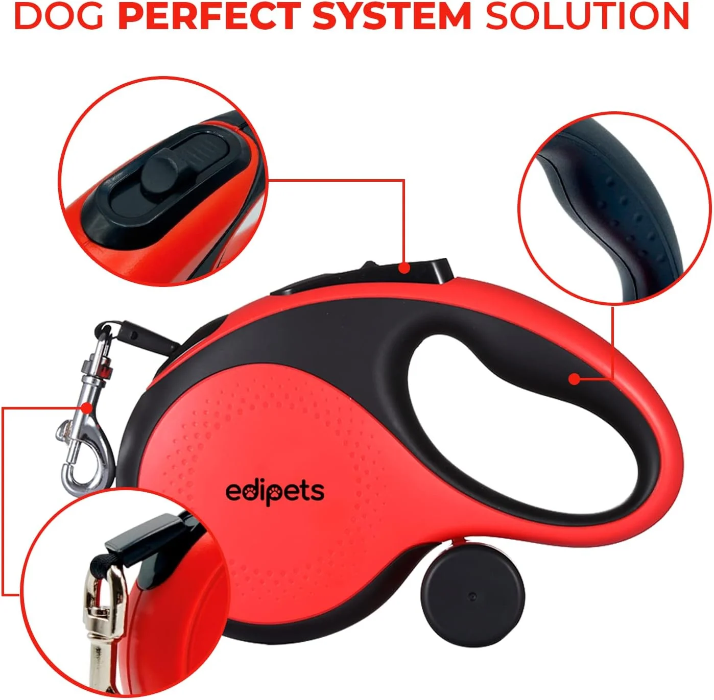 طناب سگ جمع شونده ادی پتس، 5 و 8 متری، نوار انعطاف پذیر برای آموزش و پیاده روی، برای سگ های کوچک، متوسط ​​و بزرگ (قرمز، 5 متری)