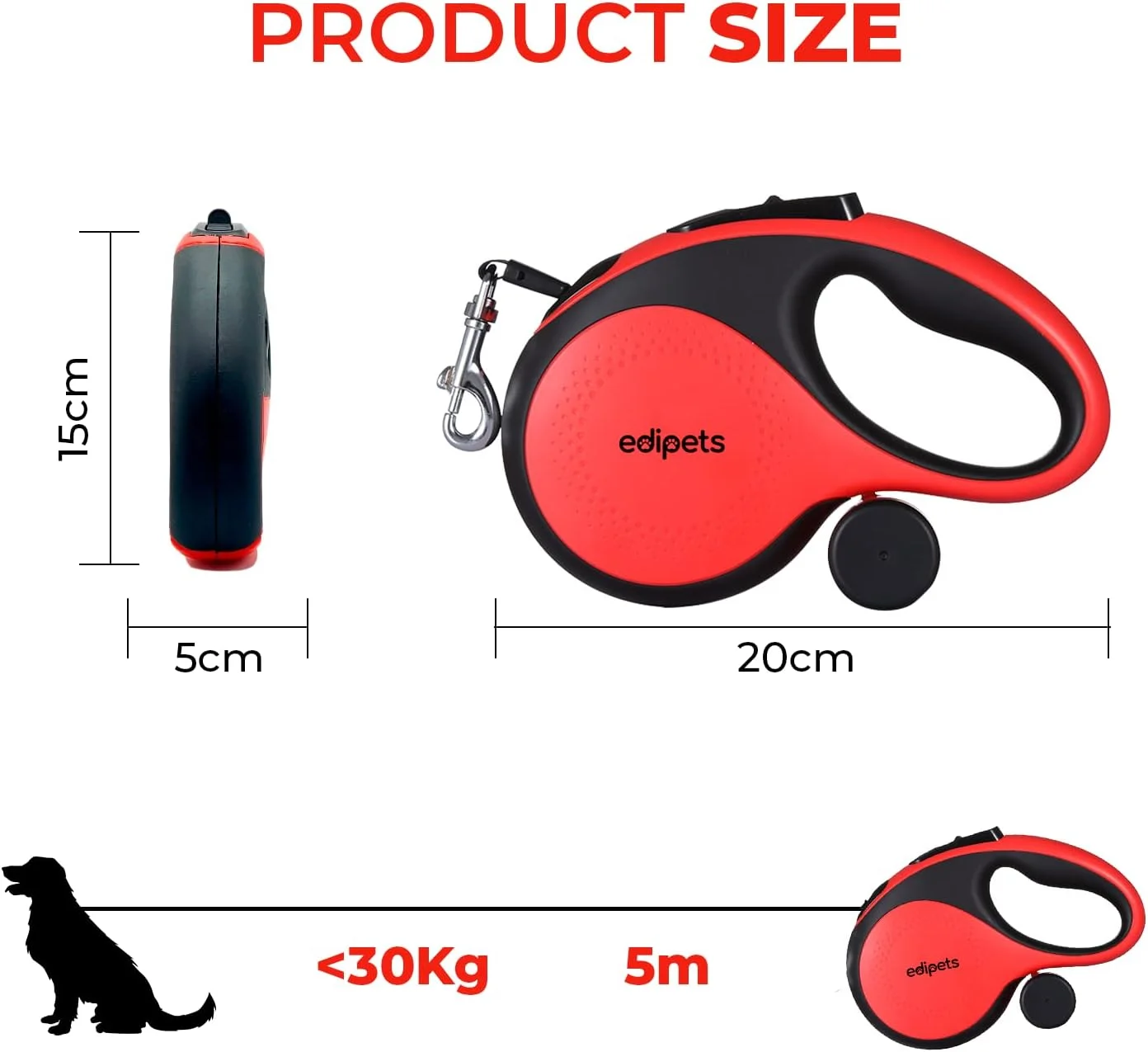 طناب سگ جمع شونده ادی پتس، 5 و 8 متری، نوار انعطاف پذیر برای آموزش و پیاده روی، برای سگ های کوچک، متوسط ​​و بزرگ (قرمز، 5 متری)