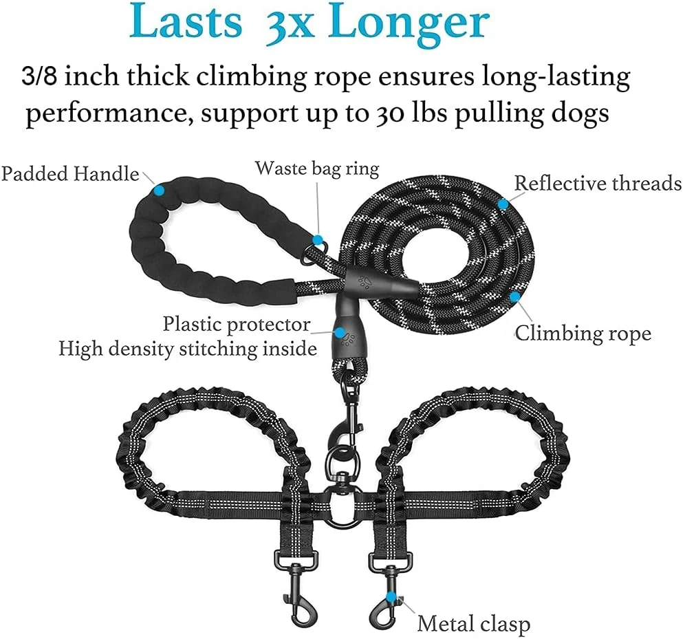 بند دو قلاده سگ، بند دوبل سگ، بند آموزشی پیاده روی سگ دوبل با چرخش 360 درجه بدون گره خوردگی، بانجی بازتابنده جذب کننده شوک راحت برای دو سگ بند دو قلاده سگ، بند دوبل سگ، بند آموزشی پیاده روی سگ دوبل با چرخش 360 درجه بدون گره خوردگی، بانجی بازتابنده جذب کننده شوک راحت برای دو سگ