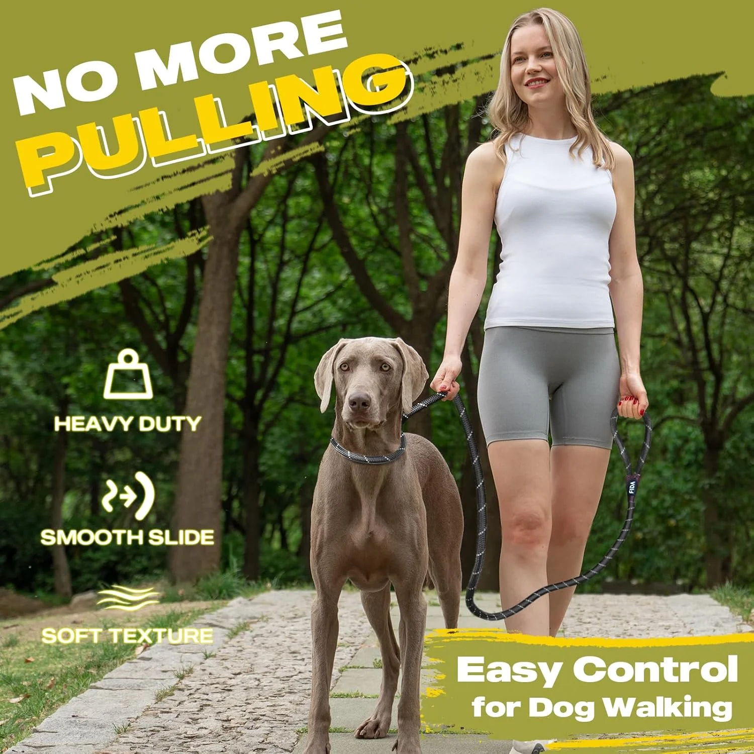 بند قلاده لغزشی بادوام سگ Fida، طناب قوی و راحت 1.8 متری با ضخامت 1.27 سانتی متر برای سگ های بزرگ و متوسط، بند آموزشی حیوانات خانگی بدون کشش با بازتابندگی بالا، مشکی