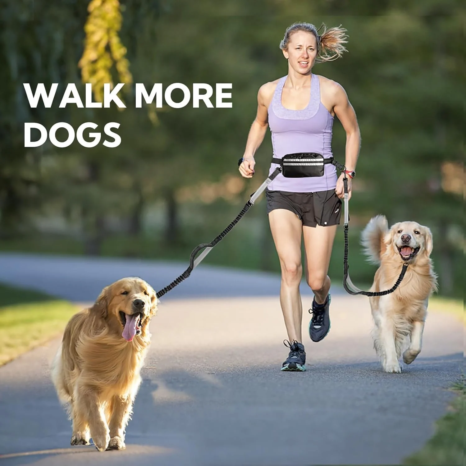 بند قلاده سگ بدون دست با کیف - قلاده جفتی برای دو سگ، بانجی جمع شونده با دسته های دوبل لایه دار، قلاده کمری برای پیاده روی سگ، لوازم جانبی پیاده روی سگ ها (خاکستری مشکی)