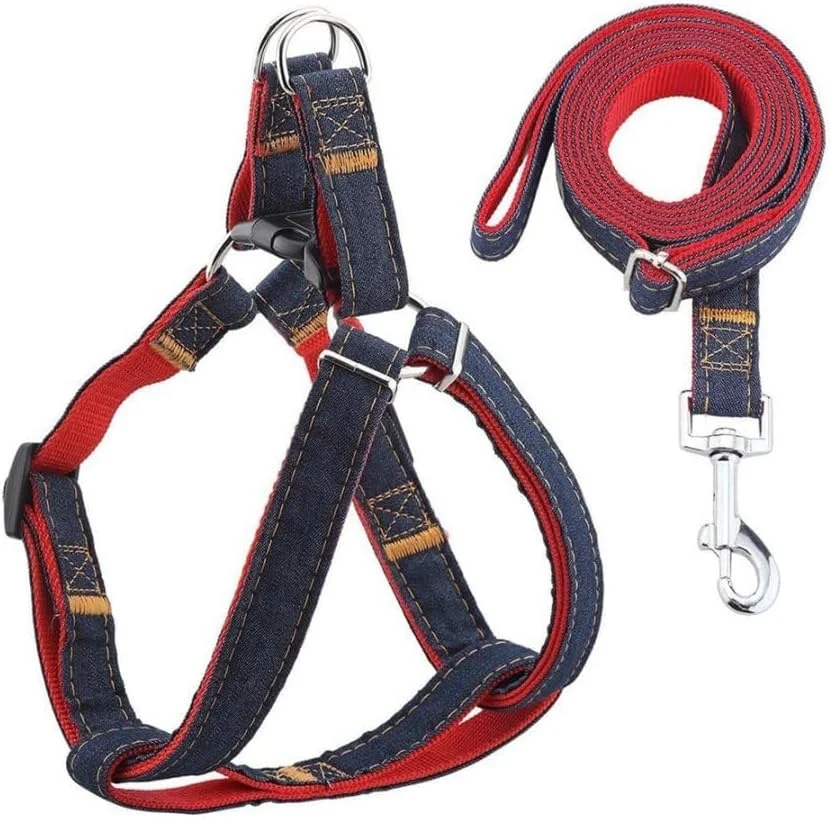 قلاده و افسار سگ جین قابل تنظیم، مقاوم و بادوام، مناسب برای تمرین، پیاده روی و دویدن، مناسب برای سگ های بزرگ، متوسط و کوچک (سایز L (دور سینه 30-45 سانتی متر))