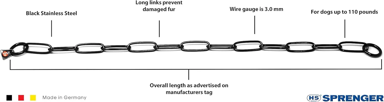 طوق زنجیری آموزش سگ با حلقه های بلند استیل ضد زنگ مشکی هرم اسپرینگر | زنجیر لغزشی بدون کشش برای سگ های کوچک، متوسط و بزرگ برای کنترل آسان ساخت آلمان | 3 میلی متر، 62 سانتی متر (24 اینچ)