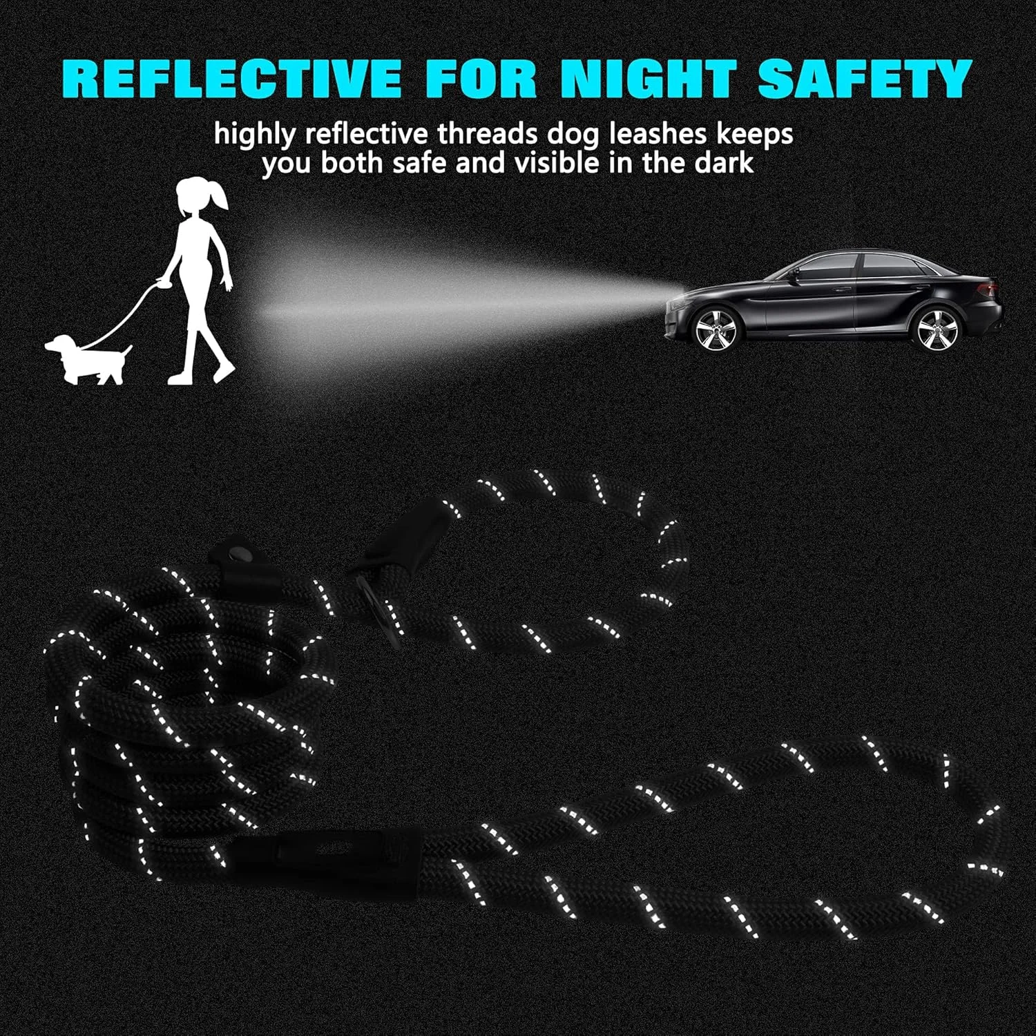 بند قلاده سگ طناب ضخیم - 180 سانتی متر، بند آموزشی بازتابنده بدون کشش برای سگ های بزرگ و متوسط | طراحی حلقه طناب راحت با قفل ایمن (مشکی)​​