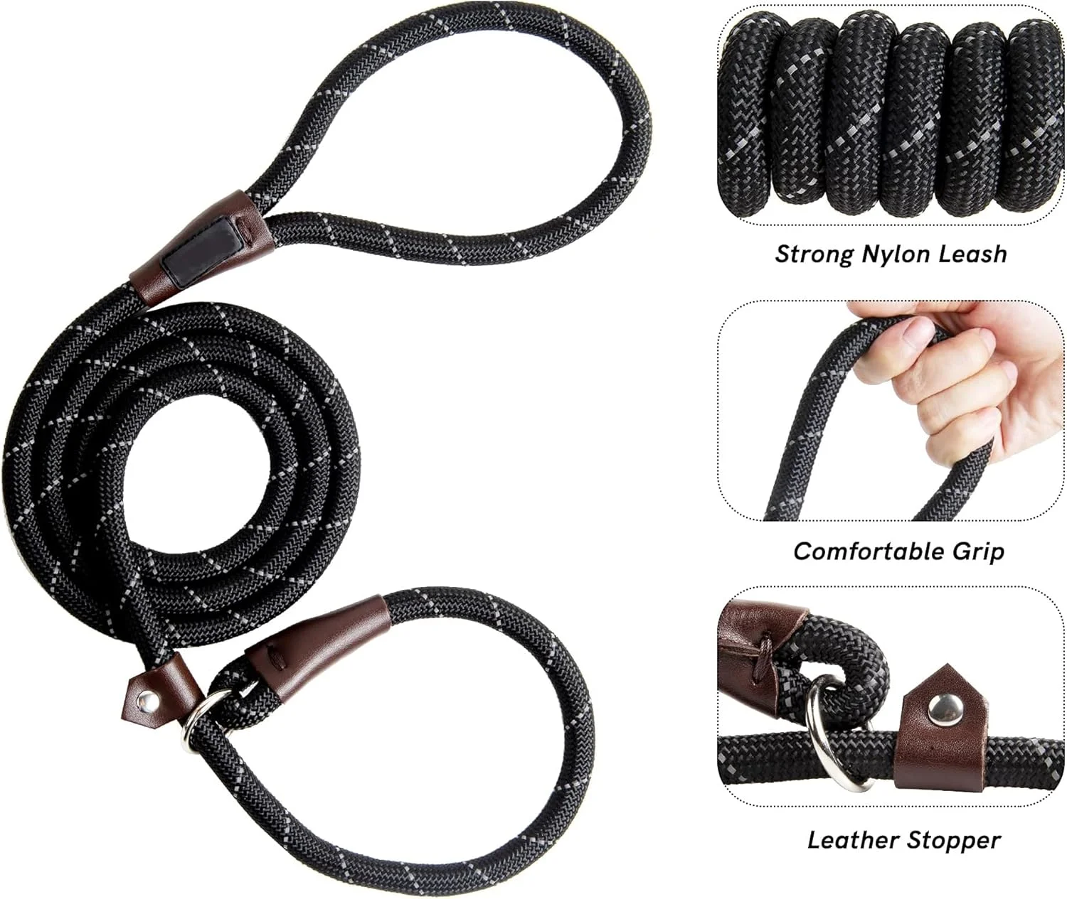 بند قلاده سگ طناب ضخیم - 180 سانتی متر، بند آموزشی بازتابنده بدون کشش برای سگ های بزرگ و متوسط | طراحی حلقه طناب راحت با قفل ایمن (مشکی)​​