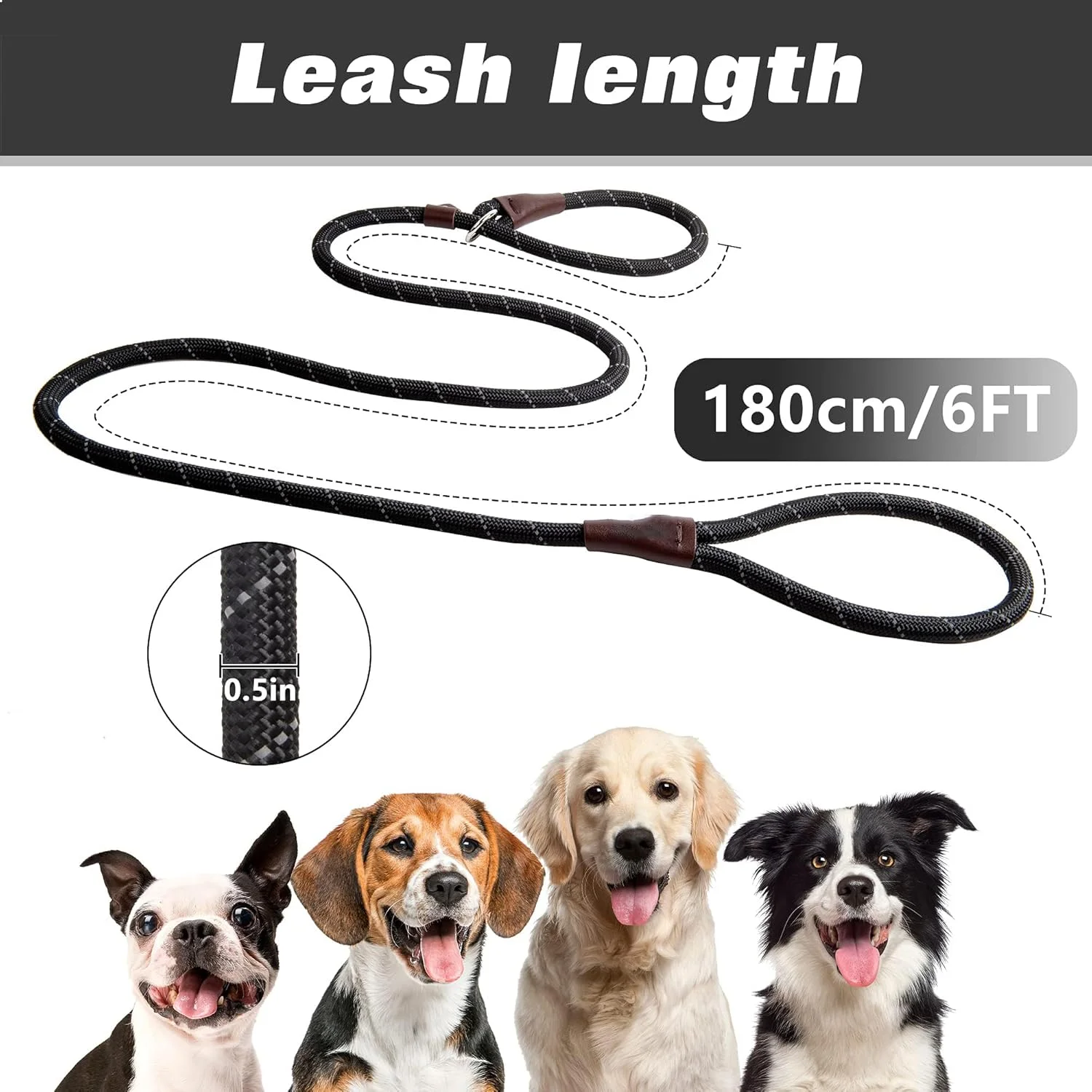 بند قلاده سگ طناب ضخیم - 180 سانتی متر، بند آموزشی بازتابنده بدون کشش برای سگ های بزرگ و متوسط | طراحی حلقه طناب راحت با قفل ایمن (مشکی)​​