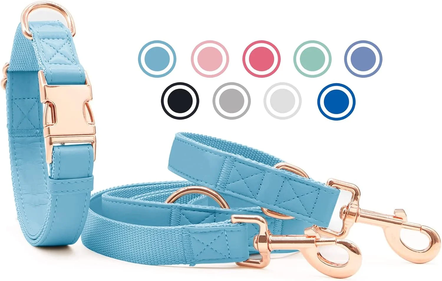 ست قلاده چرمی نرم و بند (2 متری) سگ Heydoggy - بند سگ قابل تنظیم 3 طرفه با قلاده، سگک فلزی رزگلد شیک و بند های نایلونی سگ برای توله سگ ها، سگ های کوچک، متوسط و بزرگ، آبی روشن، XS