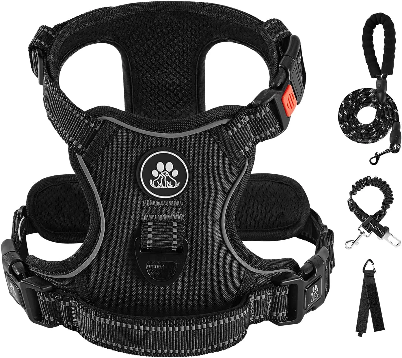 هارنس سگ آیوی اند لین بدون کشیدن برای سگ های بزرگ، هارنس جلیقه ای سگ با بند، کمربند ایمنی و بند نگهداری، هارنس کاملا قابل تنظیم، نوار بازتابنده 360 درجه، دسته نرم (مشکی، ایکس لارج)