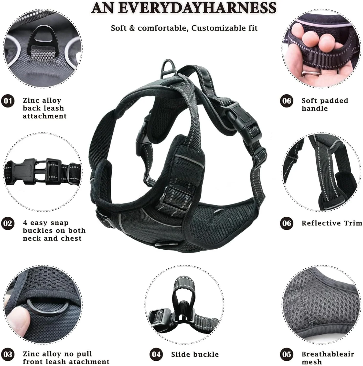 هارنس سگ جافیوست بدون کشیدن با قلاده سگ، جلیقه آکسفورد بازتابنده قابل تنظیم برای فضای باز، گیره های بند جلو/عقب برای سگ های کوچک، متوسط، بزرگ، دسته کنترل آسان برای پیاده روی مشکی، M