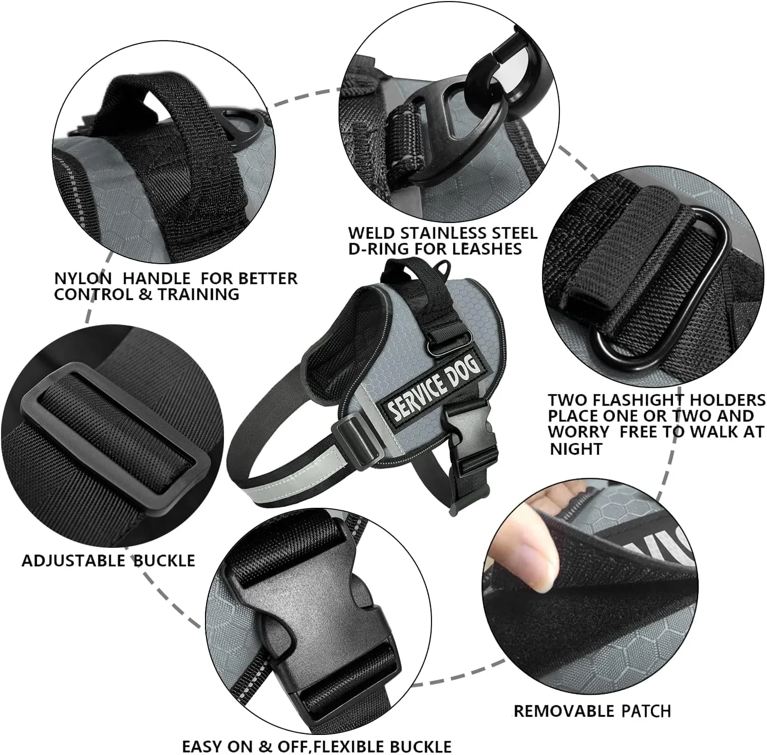 هارنس سگ JSXD، هارنس سگ خدماتی بدون کشش با دسته، جلیقه سگ خانگی قابل تنظیم برای فضای باز، جلیقه نایلونی بازتابنده 6M برای نژادها، کنترل آسان برای سگ های کوچک، متوسط و بزرگ