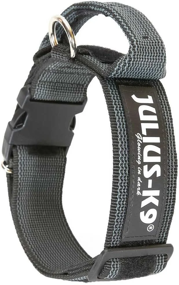 قلاده خاکستری و رنگی جولیوس-کا۹ با دسته، قفل ایمنی و برچسب قابل تعویض، ۵۰ میلی متر (۴۹-۷۰ سانتی متر)، مشکی-خاکستری