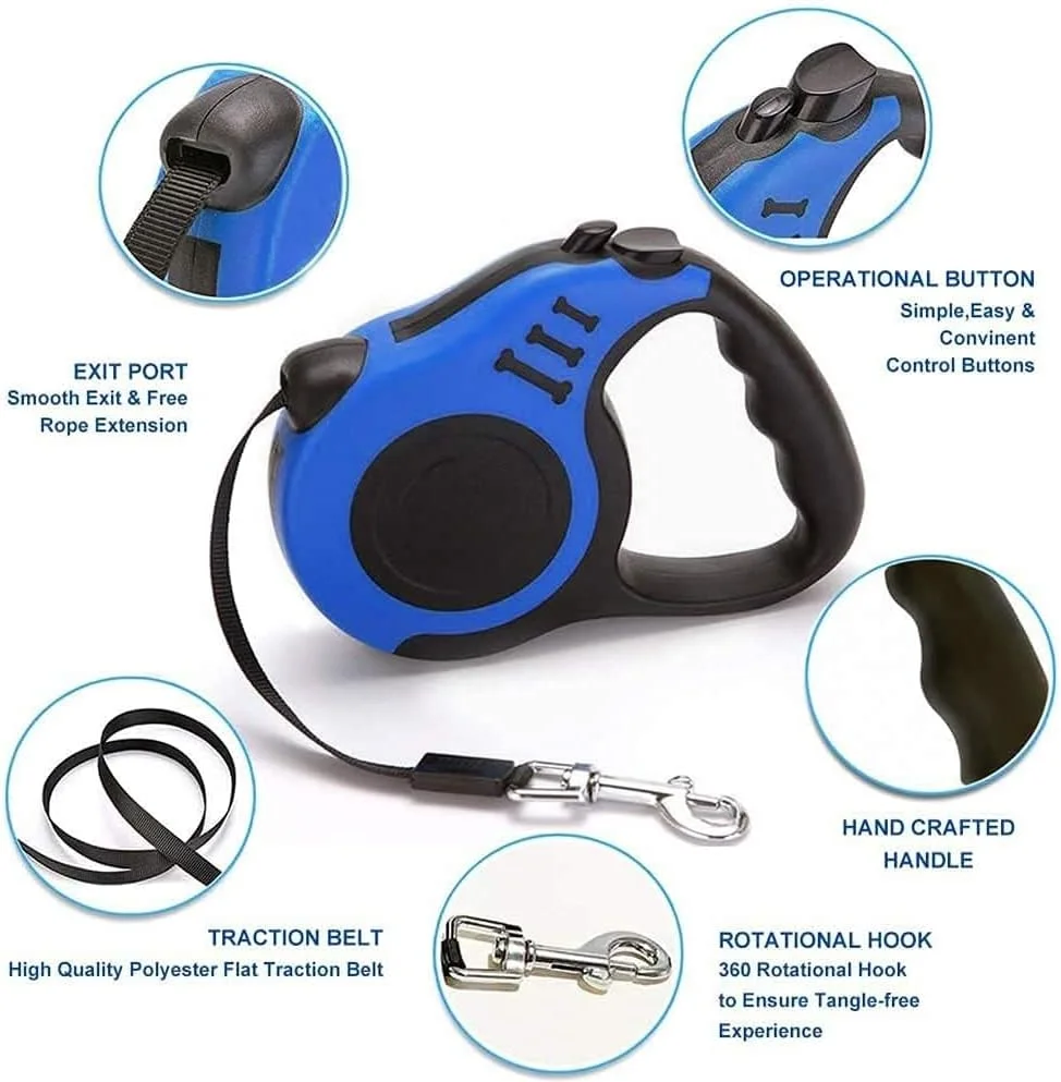 بند قلاده سگ جمع شونده خزنه، بند پیاده روی حیوانات خانگی با دسته ضد لغزش، نوار نایلونی قوی، بدون گره خوردگی، قفل و رهاسازی یک دکمه ای با یک دست، مناسب برای سگ یا گربه کوچک/متوسط ​​(3 متر)