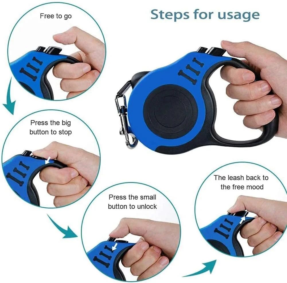 بند قلاده سگ جمع شونده خزنه، بند پیاده روی حیوانات خانگی با دسته ضد لغزش، نوار نایلونی قوی، بدون گره خوردگی، قفل و رهاسازی یک دکمه ای با یک دست، مناسب برای سگ یا گربه کوچک/متوسط (3 متر)