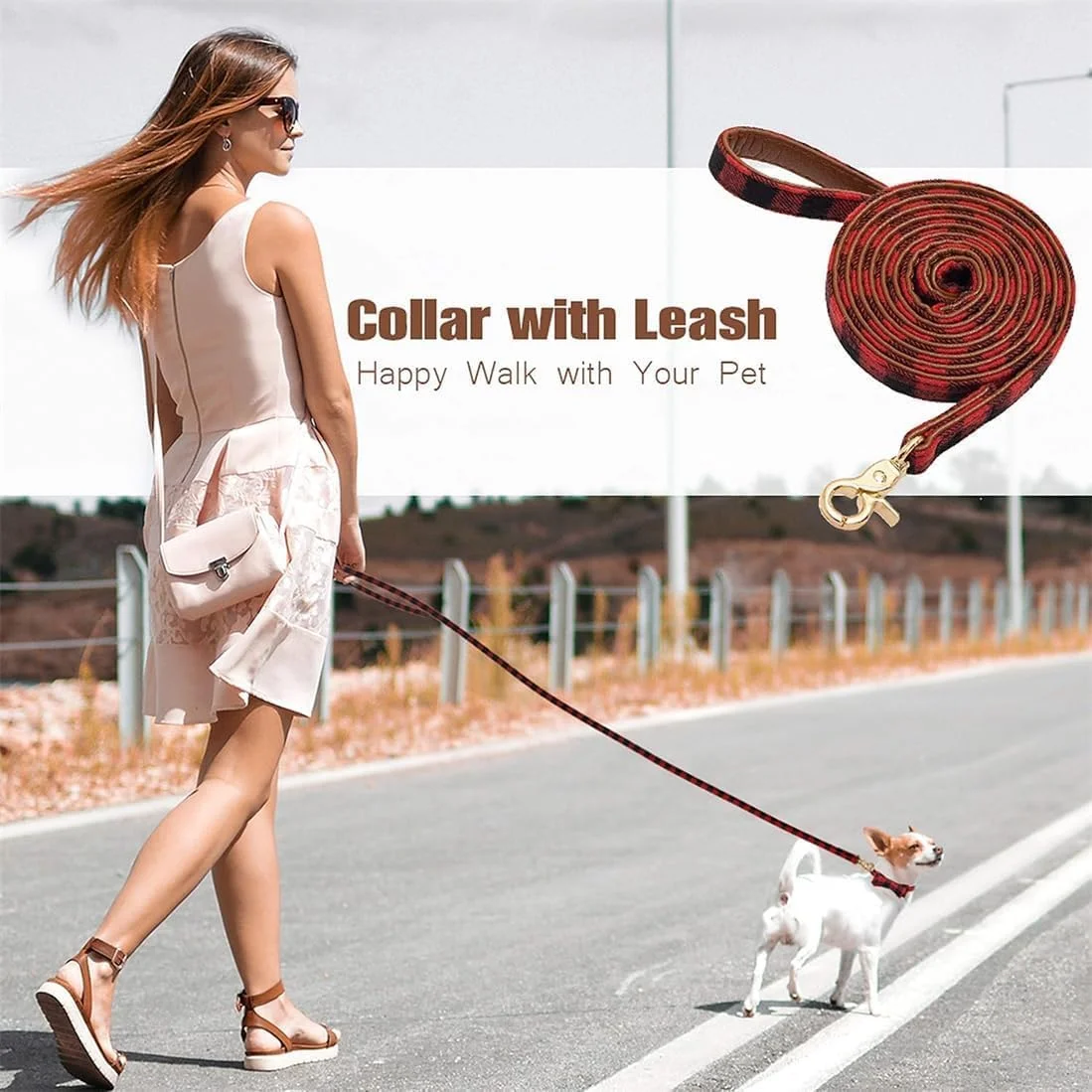 ست قلاده پاپیونی و بند قلاده سگ، قلاده چرمی قابل تنظیم، قلاده طرح چهارخانه با زنگوله برای توله سگ ها، سگ های کوچک، سگ های متوسط و گربه ها، طرح چهارخانه قرمز مشکی