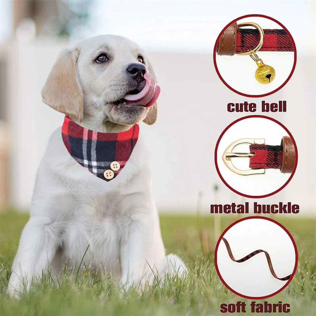 ست قلاده پاپیونی و بند قلاده سگ، قلاده چرمی قابل تنظیم، قلاده طرح چهارخانه با زنگوله برای توله سگ ها، سگ های کوچک، سگ های متوسط و گربه ها، طرح چهارخانه قرمز مشکی