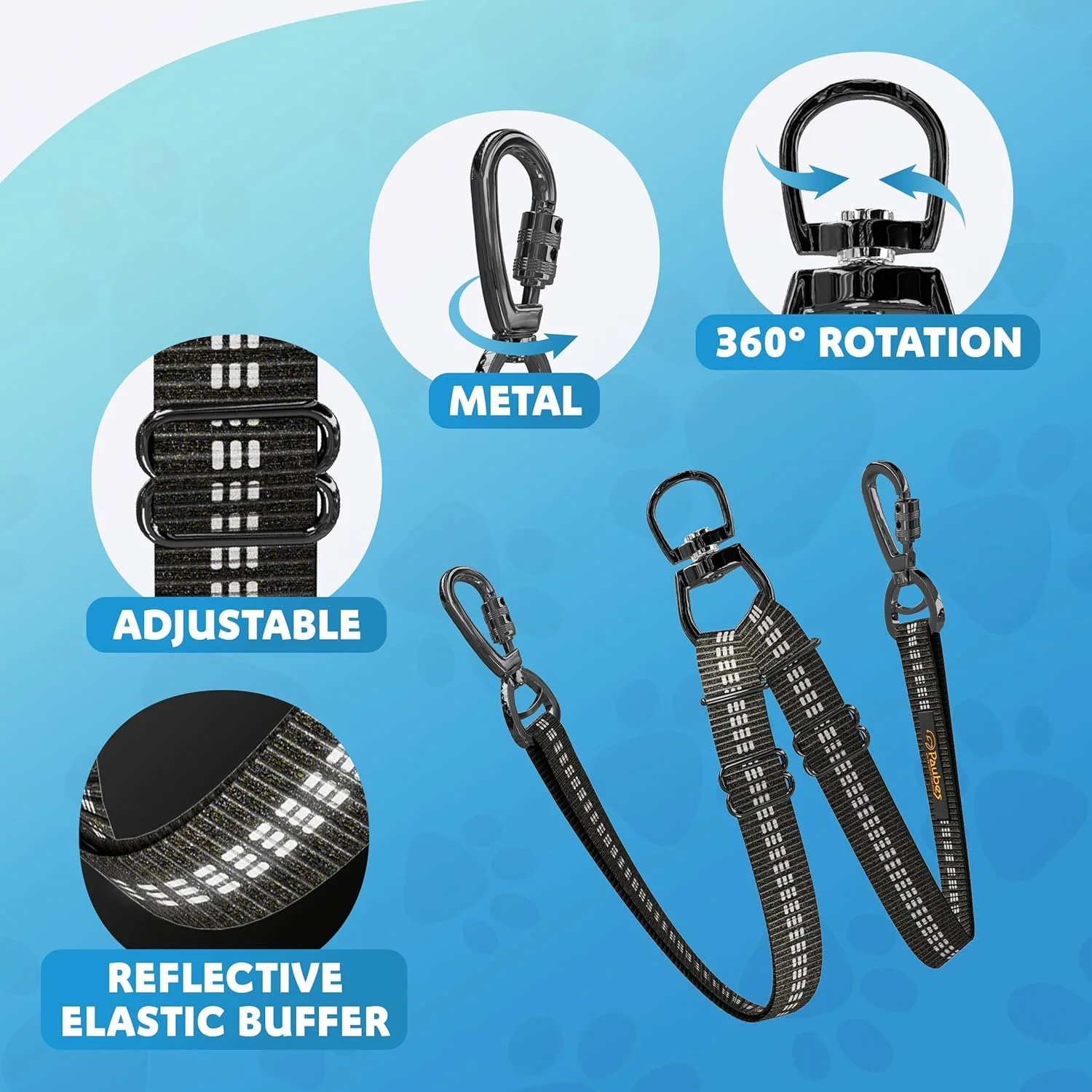 بند دو قلاده سگ PAUBES – بند بلند با طول قابل تنظیم برای آموزش سگ – بند سگ دوگانه بازتابنده با طراحی بدون گره خوردگی – نایلون سنگین و سگک های فلزی – ایده آل (مشکی، بزرگ)