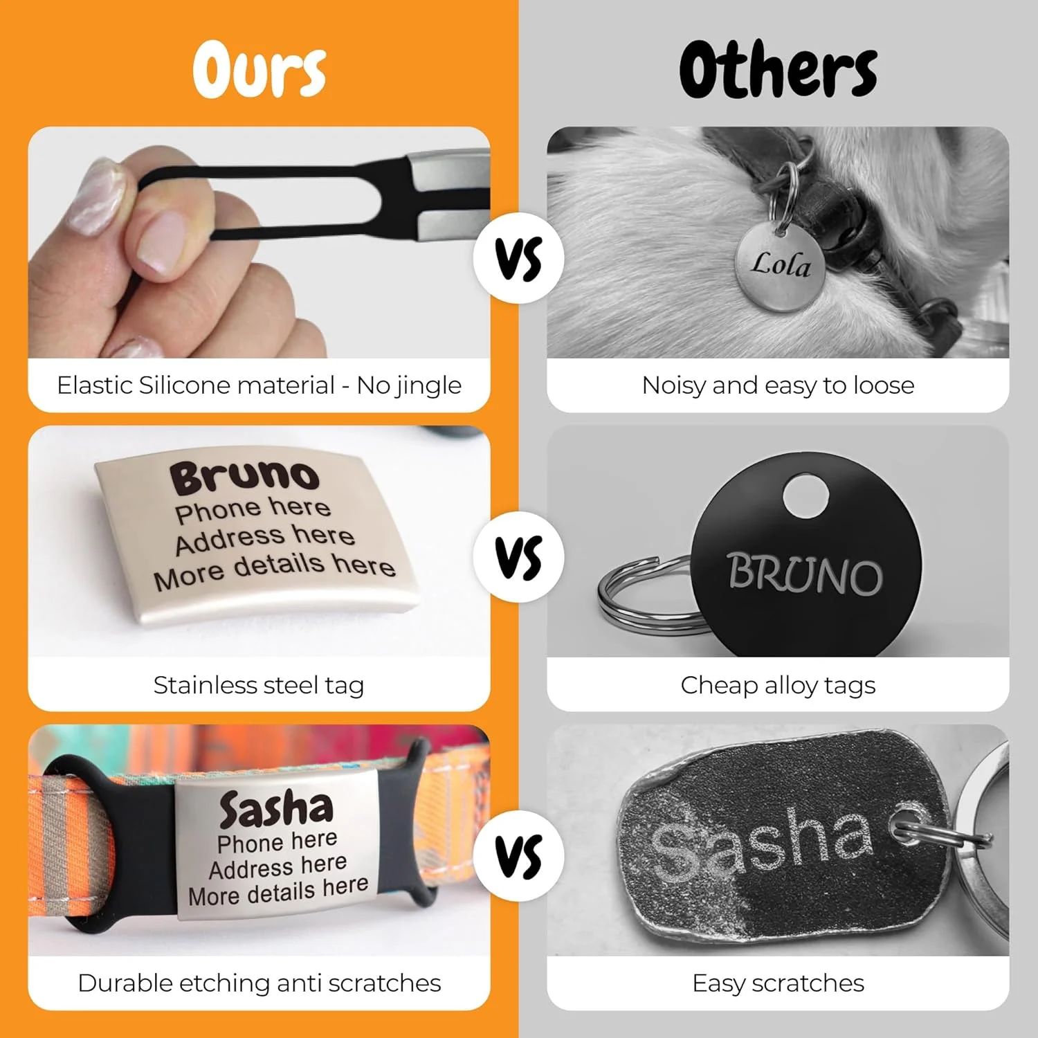 آویز شناسایی سفارشی برای حیوانات خانگی، پلاک بی صدا و شیک سگ و گربه با حکاکی نام و شماره تلفن برای قلاده و هارنس، بدون صدا برای توله سگ، بچه گربه، اسب و سایر حیوانات