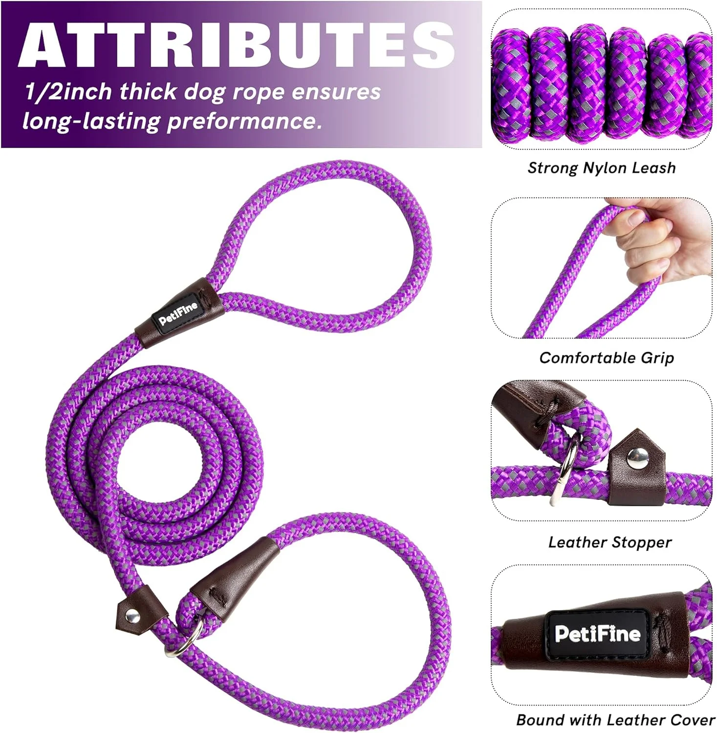 بند قلاده لغزشی سگ PetiFine، 180 سانتی متر در 1.27 سانتی متر، بند آموزشی سگ بادوام بازتابنده، بند طنابی نایلونی قابل تنظیم و مقاوم برای سگ های کوچک، متوسط و بزرگ (بنفش)