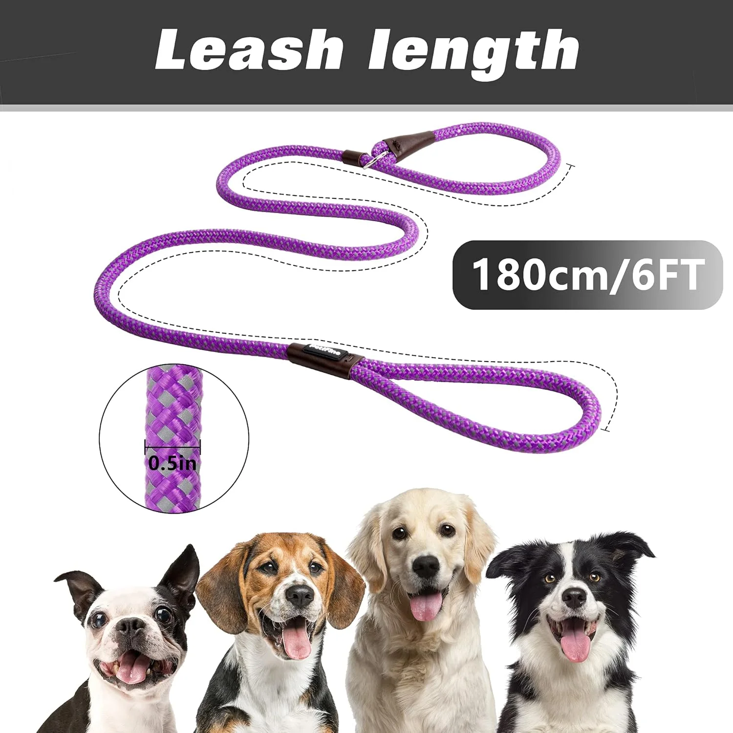 بند قلاده لغزشی سگ PetiFine، 180 سانتی متر در 1.27 سانتی متر، بند آموزشی سگ بادوام بازتابنده، بند طنابی نایلونی قابل تنظیم و مقاوم برای سگ های کوچک، متوسط و بزرگ (بنفش)