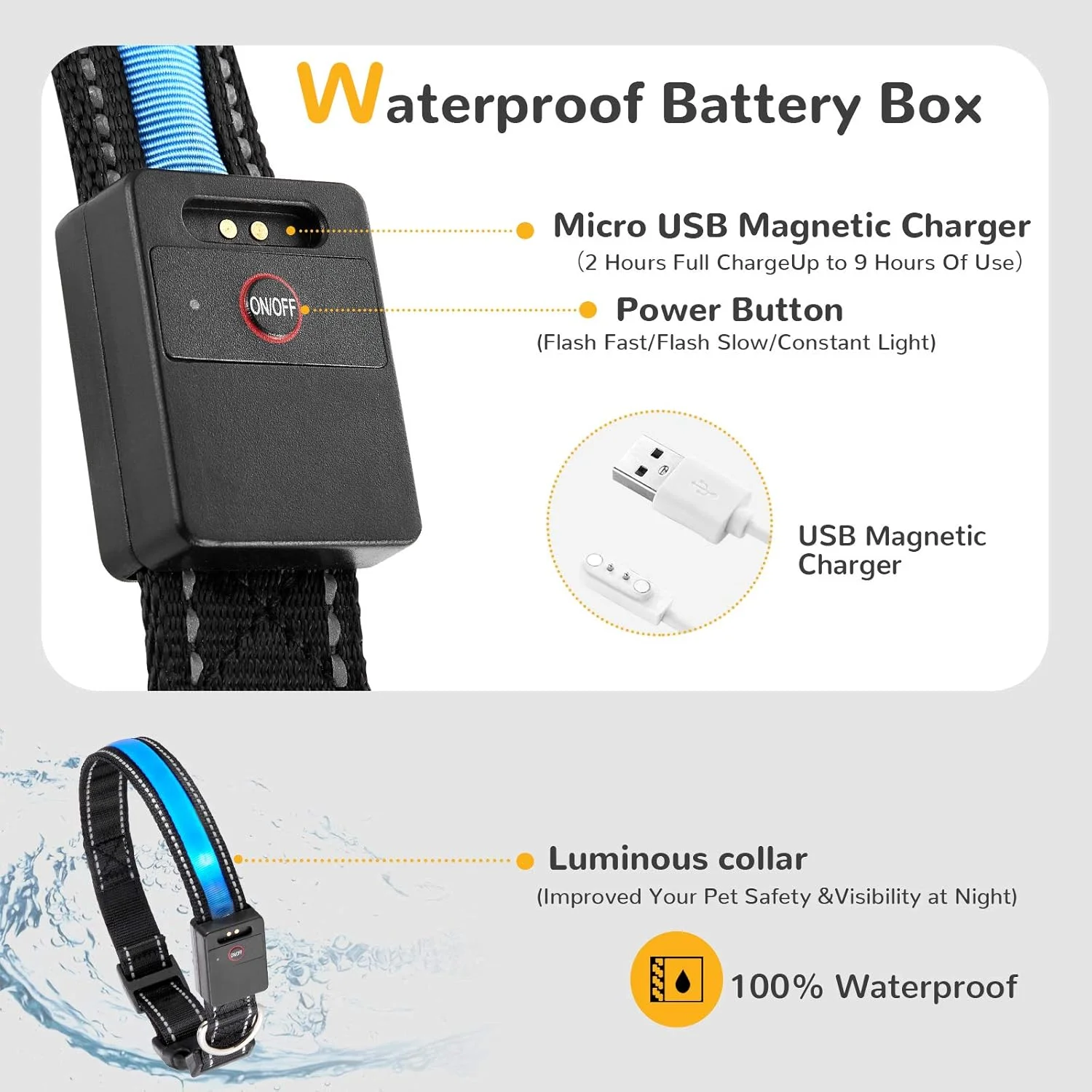 قلاده سگ LED PUPU، قلاده های سگ روشن شونده قابل شارژ USB، قلاده سگ روشن ضد آب، چراغ های ایمنی سگ فوق العاده روشن، در تاریکی می درخشد، قلاده روشن برای سگ های بزرگ متوسط