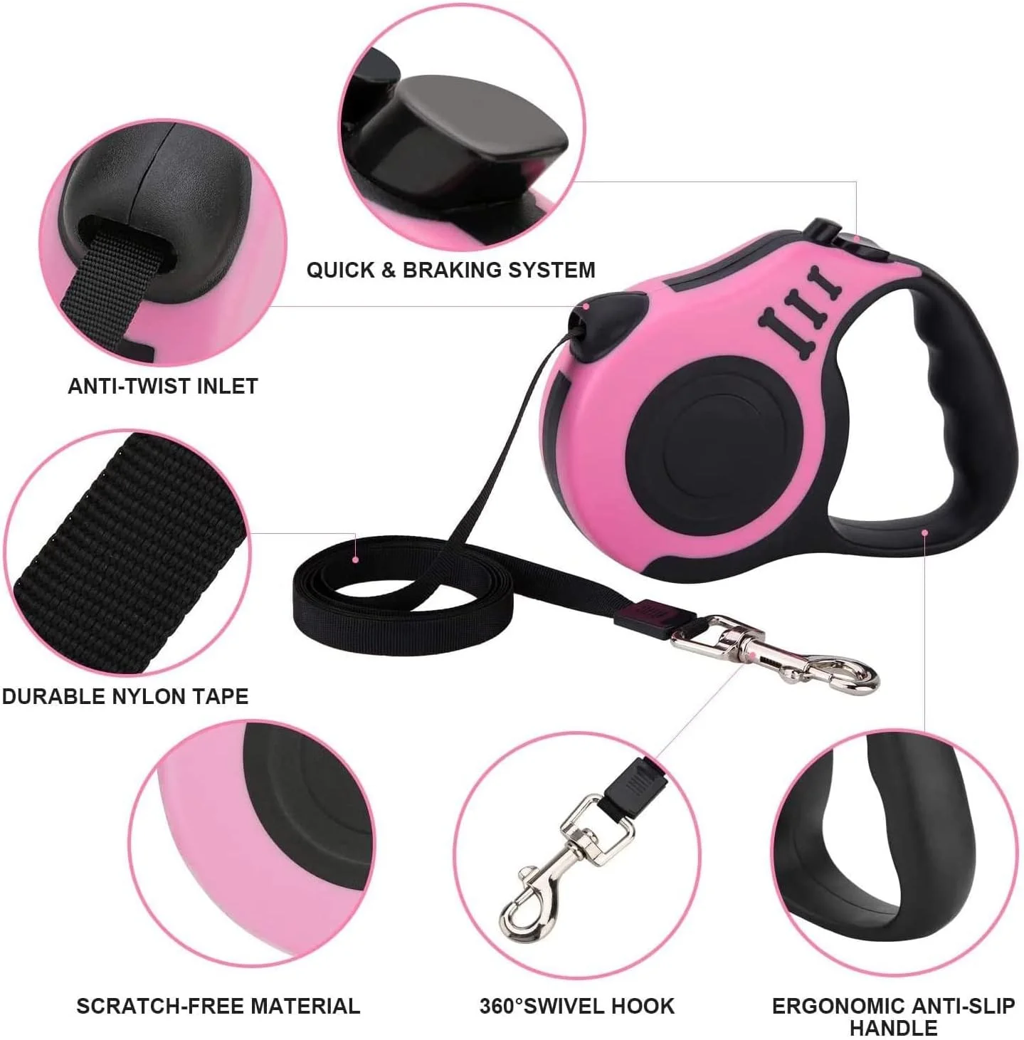 بند قلاده سگ جمع شونده 360 درجه بدون گره با دسته ضد لغزش، بند نایلونی قابل افزایش، بند قابل تنظیم برای آموزش، پیاده روی، دویدن سگ ها، 5 متر مناسب برای حیوانات خانگی کوچک و متوسط 15-20 کیلوگرم (صورتی)