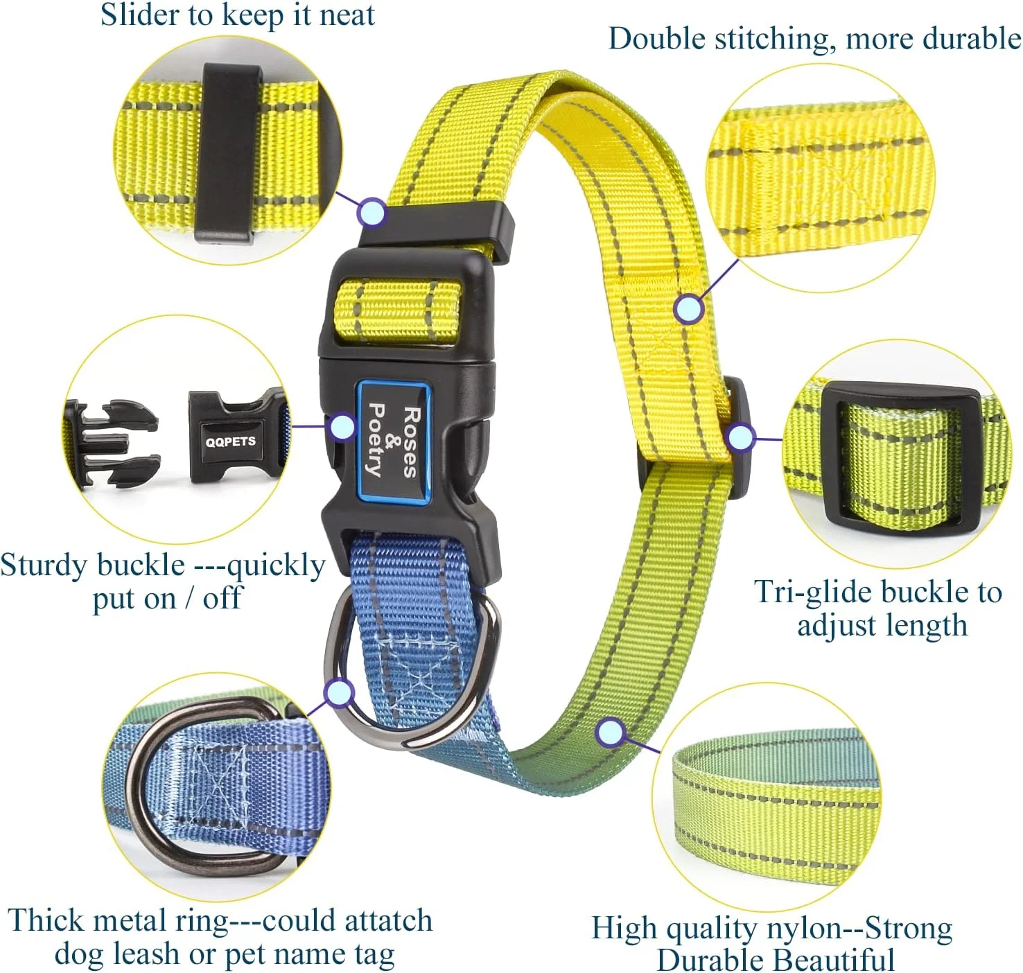 قلاده و بند سگ بازتابنده رز و شعر با رنگ کهربایی گرادیانی، قلاده و بند بادوام قابل تنظیم برای توله سگ های خیلی کوچک (کهربایی-XS)