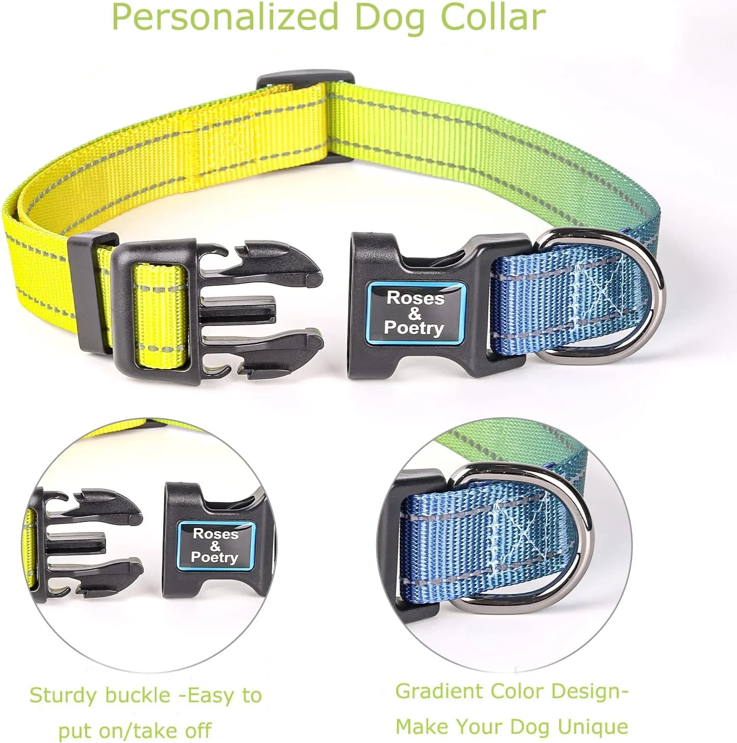 قلاده و بند سگ بازتابنده رز و شعر با رنگ کهربایی گرادیانی، قلاده و بند بادوام قابل تنظیم برای توله سگ های خیلی کوچک (کهربایی-XS)