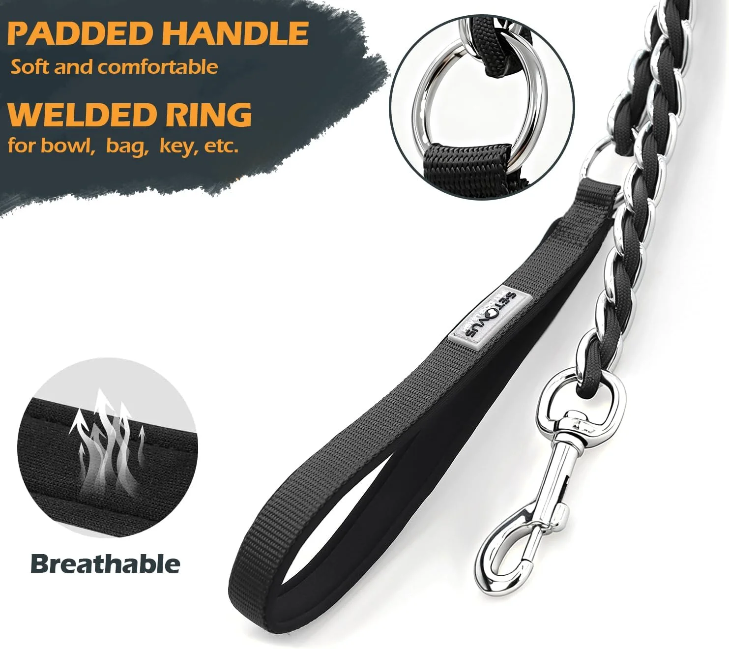 زنجیر قلاده سگ فلزی 1.6 متری، دسته نرم و راحت با روکش، مقاوم و بادوام برای سگ های نژاد بزرگ، ضد جویدن و مناسب برای پیاده روی، آموزش و مسافرت، مشکی