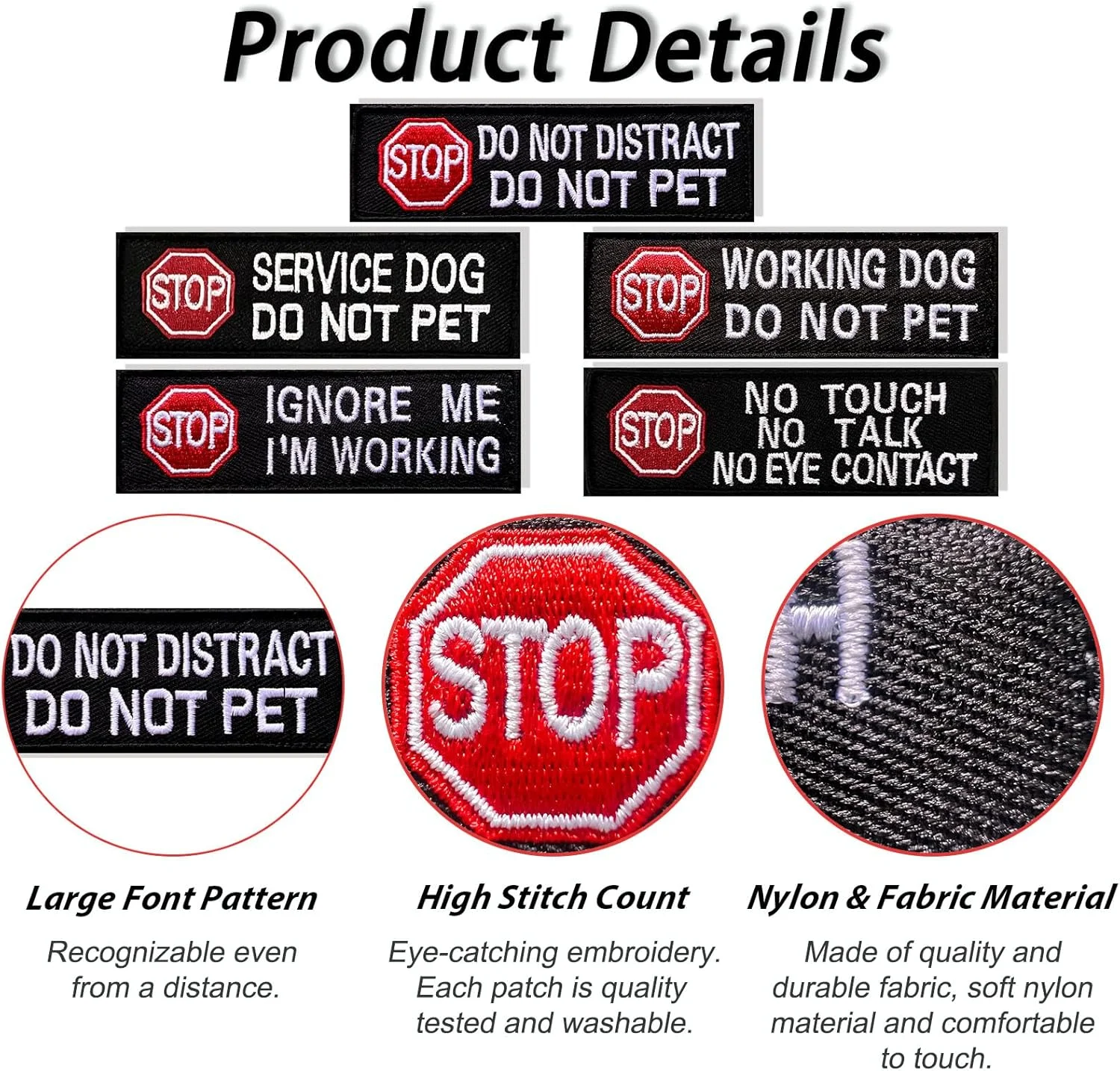 ۵ عدد تکه دوزی سگ راهنما برای قلاده سگ، عدم مزاحمت، عدم لمس، عدم صحبت، تماس چشمی، عدم نوازش، سگ در حال کار، برای جلیقه سگ، تکه دوزی گلدوزی شده، بست محکم، قلاب و حلقه، مجموعه قابل جابجایی