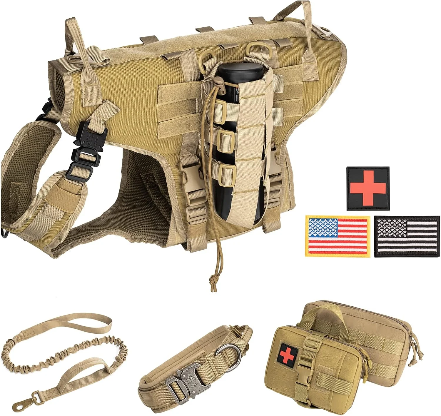 ست جلیقه سگ تاکتیکی، قلاده آموزشی سگ و بند کشی سگ، جلیقه سگ نظامی بدون کشیدن با 2 کیف جداشدنی و 1 کیف بطری آب برای خدمات آموزش در فضای باز، قهوه ای کایوت سایز L ست جلیقه سگ تاکتیکی، قلاده آموزشی سگ و بند کشی سگ، جلیقه سگ نظامی بدون کشیدن با 2 کیف جداشدنی و 1 کیف بطری آب برای خدمات آموزش در فضای باز، قهوه ای کایوت سایز L