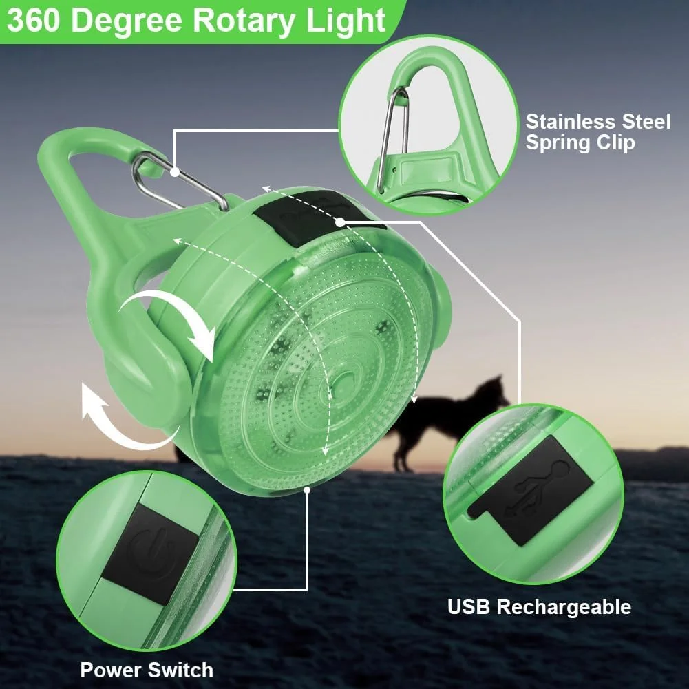 چراغ قلاده سگ، 2 عدد چراغ ضد آب IP68 با 4 حالت، چراغ قلاده سگ قابل شارژ USB برای پیاده روی شبانه، کوهنوردی، کمپینگ، دوچرخه سواری، LED قلاده حیوانات خانگی برای گیره شبانه (سبز)