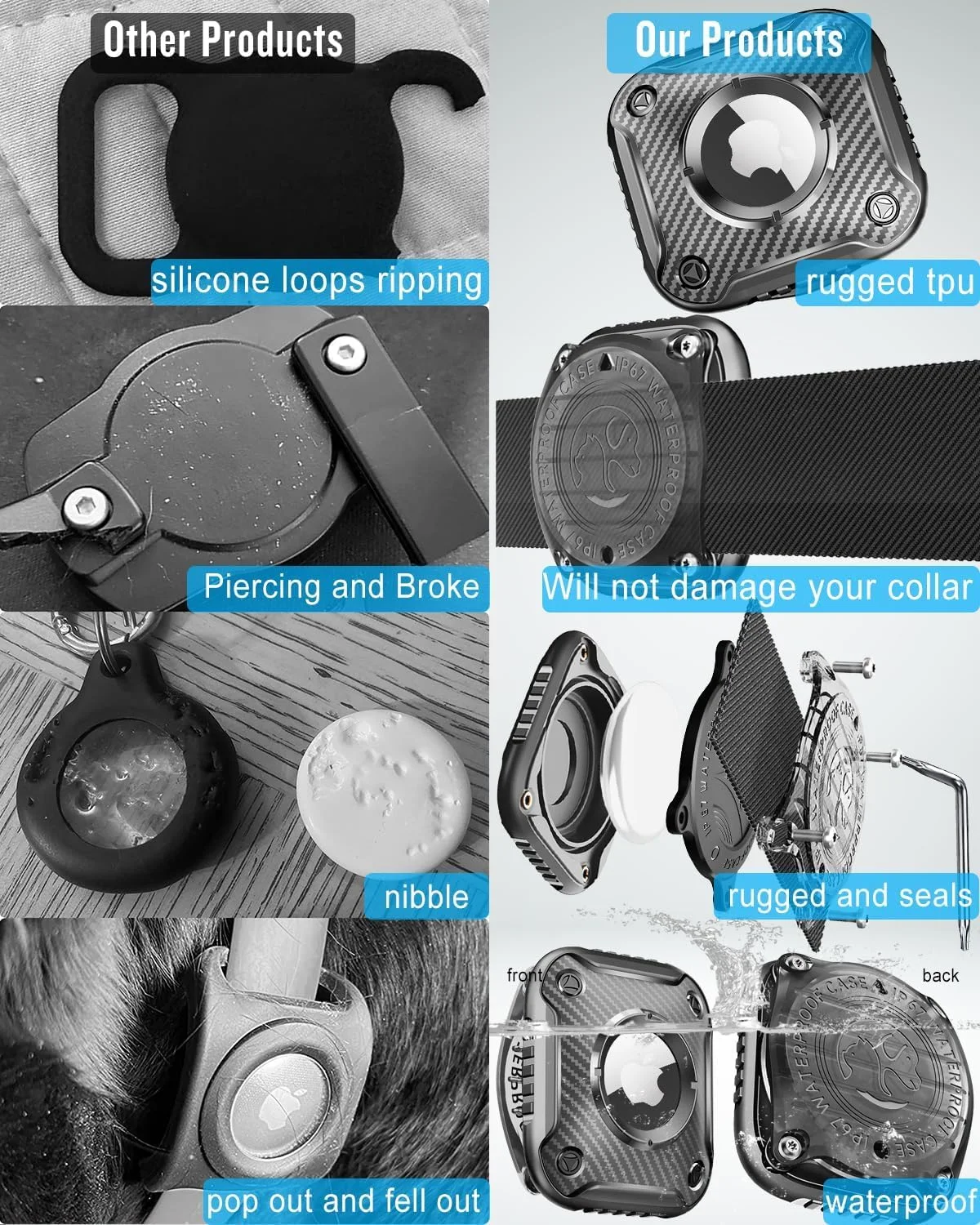 نگهدارنده ضدآب Airtag برای قلاده سگ، نگهدارنده Airtag سگ، TPU و فیبر کربن پوشش کامل ضد گم شدن، اندازه جمع و جور سبک وزن فوق العاده بادوام، IP6 ضدآب، مناسب برای قلاده با عرض 1 اینچ و 1 1/4 اینچ، مشکی