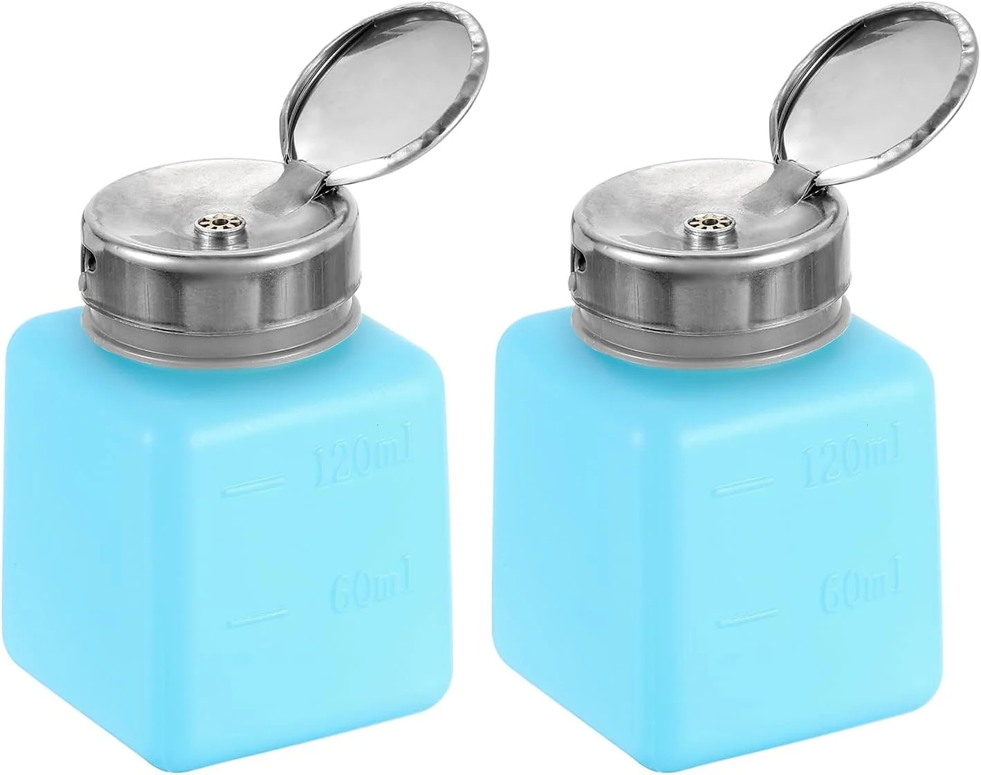 ظرف پخش کننده الکل حلال هارفینگتون 2 عددی 120 میلی لیتری، بطری پمپ پخش کننده مایع فشاری لاک پاک کن با سر پرس استیل ضد زنگ برای پاک کننده استون، آبی