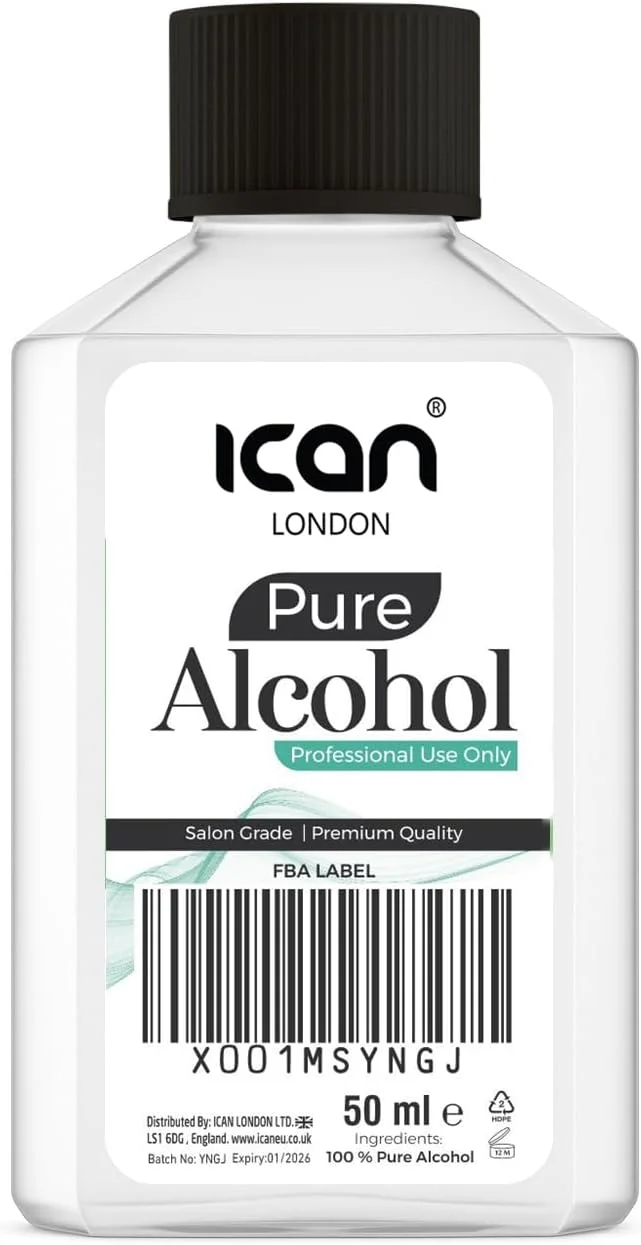 الکل خالص ۱۰۰٪ آیکان لندن برای آماده سازی لاک ژل ناخن، پاک کننده و ضدعفونی کننده، ۵۰ میلی لیتر