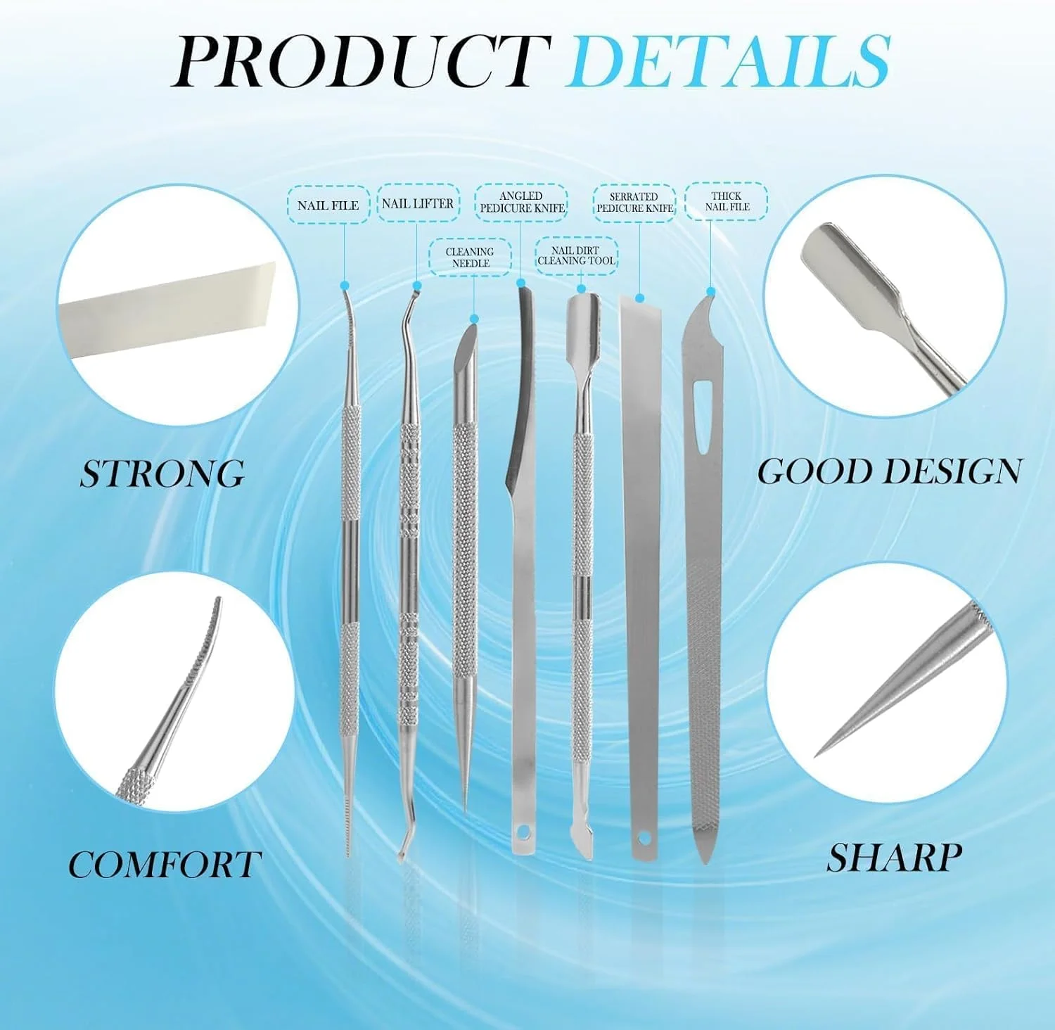 ست ۷ تکه ابزار رفع ناخن فرورفته، شامل سوهان، لیفتر و پاک کننده ناخن، ابزار پدیکور و مانیکور، جنس استیل ضد زنگ