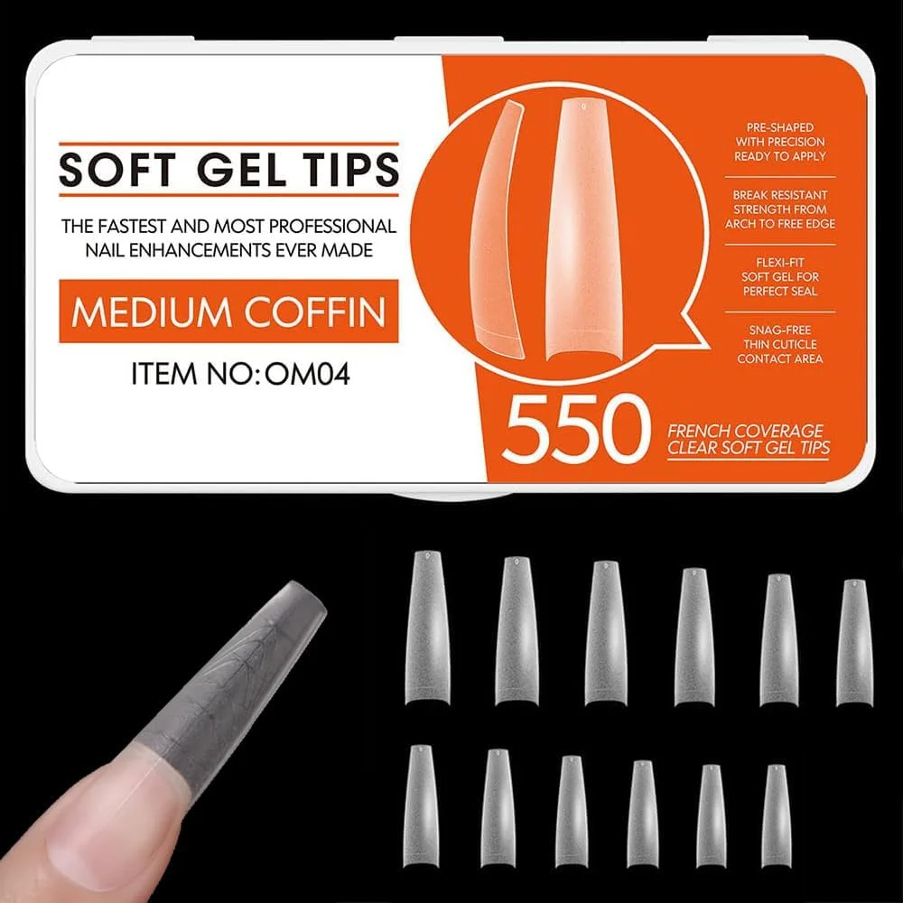 JZS تیپ ناخن، 550 عدد تیپ ژلی از پیش فرم داده شده پوشش کامل اکریلیک، 10 سایز، مناسب برای سالن های هنری ناخن و استفاده خانگی (مدل A)