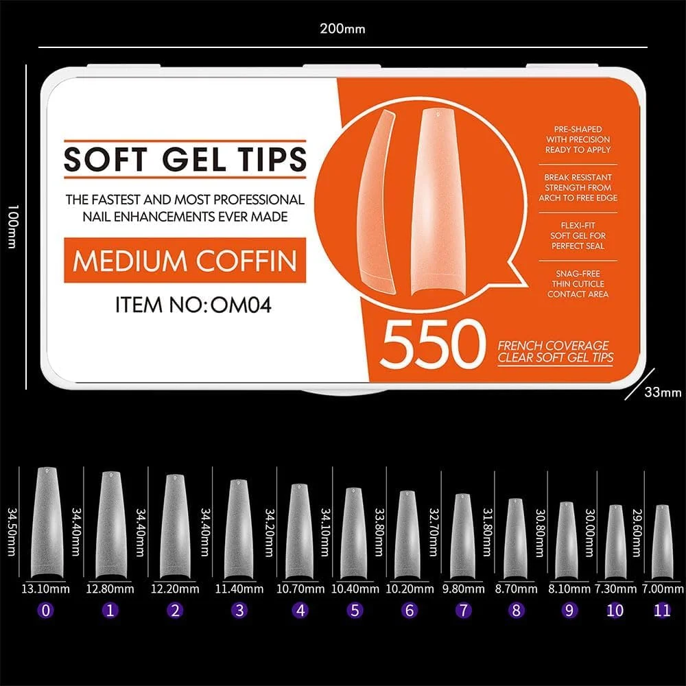 JZS تیپ ناخن، 550 عدد تیپ ژلی از پیش فرم داده شده پوشش کامل اکریلیک، 10 سایز، مناسب برای سالن های هنری ناخن و استفاده خانگی (مدل A)
