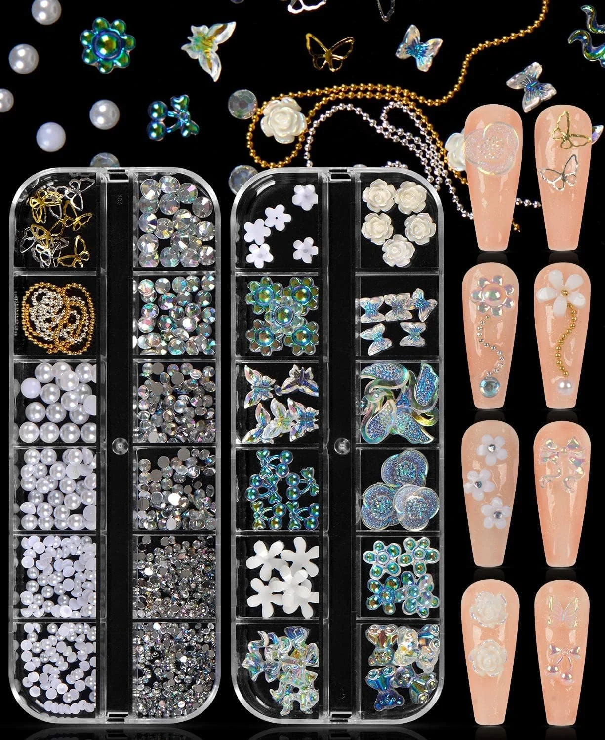 آویز ناخن سه بعدی Azonee طرح گل، جواهرات ناخن پروانه ای، مروارید، نگین ناخن کریستالی، سنگ های قیمتی ناخن تخت، مهره های گرد، اکلیل ناخن پروانه ای گل برای طراحی هنری ناخن اکریلیک DIY، 2 جعبه آویز ناخن سه بعدی Azonee طرح گل، جواهرات ناخن پروانه ای، مروارید، نگین ناخن کریستالی، سنگ های قیمتی ناخن تخت، مهره های گرد، اکلیل ناخن پروانه ای گل برای طراحی هنری ناخن اکریلیک DIY، 2 جعبه