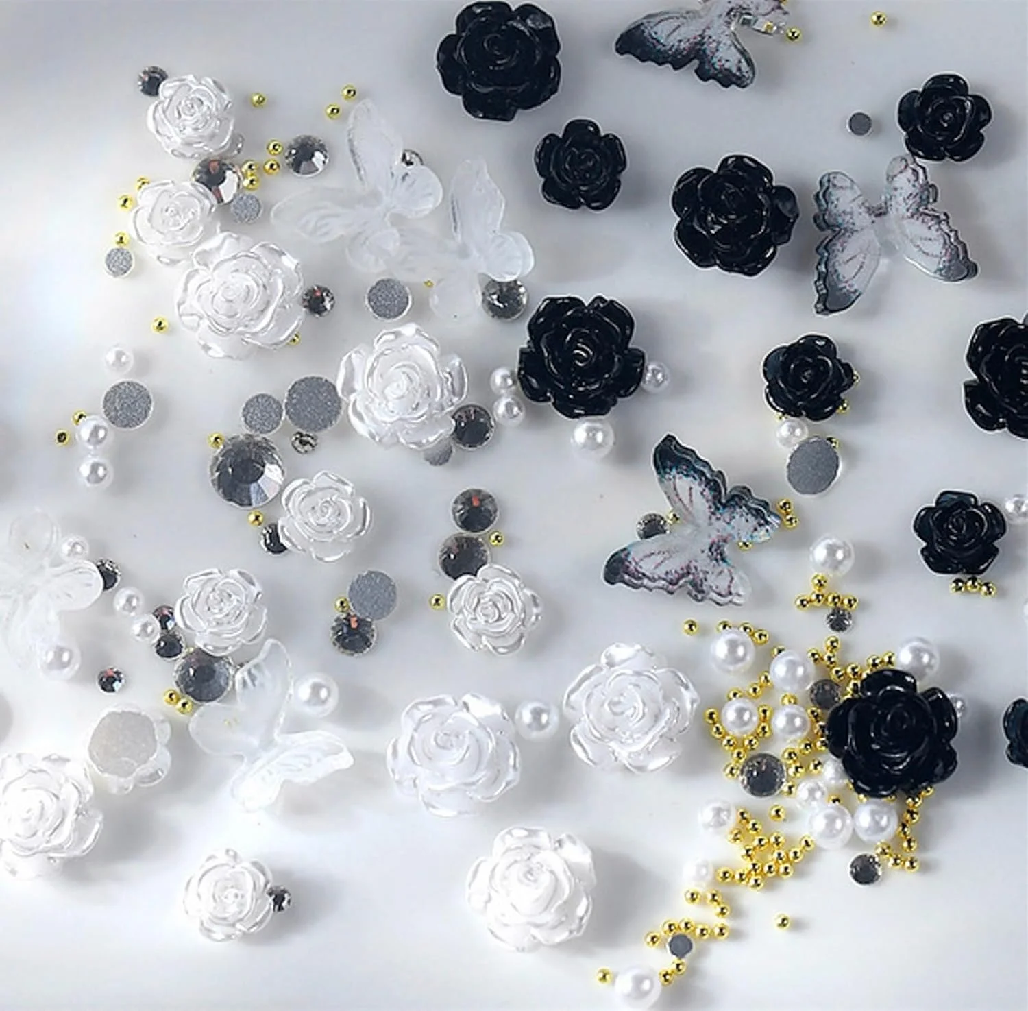 نگین ناخن طرح گل سه بعدی، 180 عدد گل های کاملیا اکرلیک سفید مشکی شفاف، نگین های پروانه ای رز، جواهرات نگین دار با مروارید های کوچک خاویاری (سفید+مشکی+شفاف) نگین ناخن طرح گل سه بعدی، 180 عدد گل های کاملیا اکرلیک سفید مشکی شفاف، نگین های پروانه ای رز، جواهرات نگین دار با مروارید های کوچک خاویاری (سفید+مشکی+شفاف)