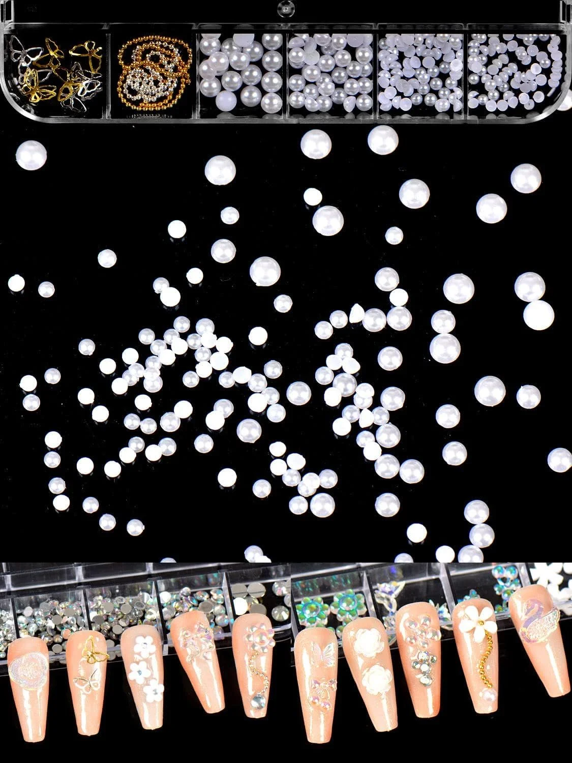 آویز ناخن سه بعدی Azonee طرح گل، جواهرات ناخن پروانه ای، مروارید، نگین ناخن کریستالی، سنگ های قیمتی ناخن تخت، مهره های گرد، اکلیل ناخن پروانه ای گل برای طراحی هنری ناخن اکریلیک DIY، 2 جعبه