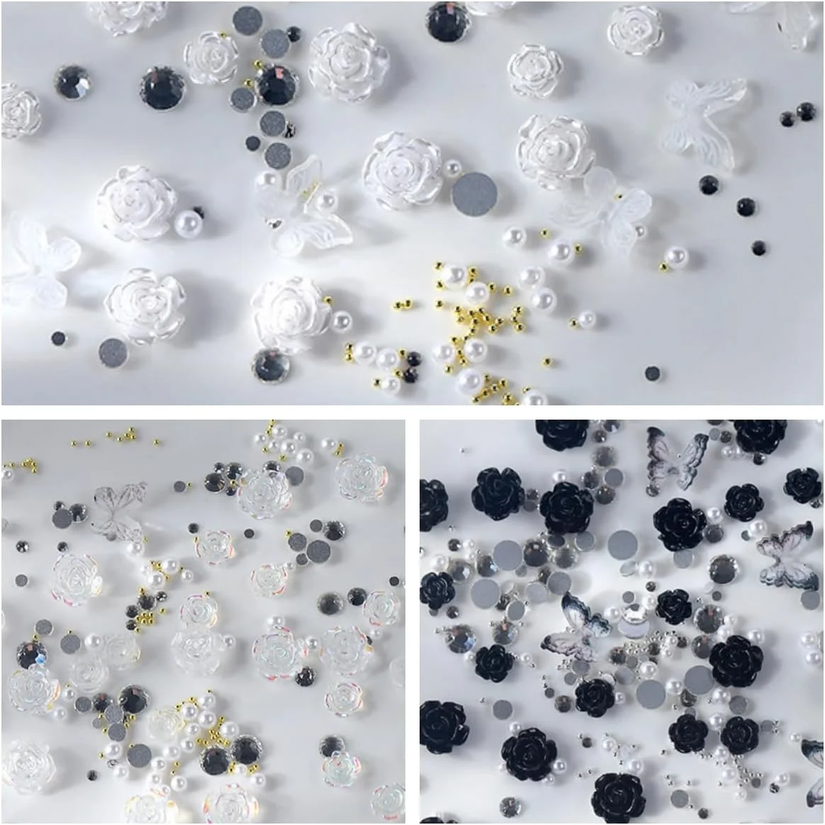 نگین ناخن طرح گل سه بعدی، 180 عدد گل های کاملیا اکرلیک سفید مشکی شفاف، نگین های پروانه ای رز، جواهرات نگین دار با مروارید های کوچک خاویاری (سفید+مشکی+شفاف)