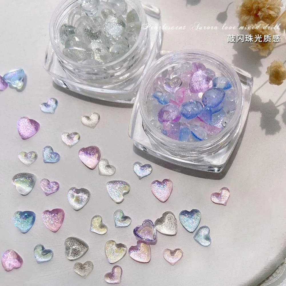 دو جعبه نگین ناخن طرح قلب، جواهرات کریستالی سایز مخلوط سه بعدی براق Aurora Love Hearts، سنگ های تزئینی ناخن برای روز ولنتاین، لوازم تزئین ناخن اکریلیک، لوازم جانبی DIY