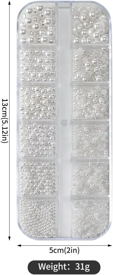 نگین ناخن مرواریدی سه بعدی گرد و نیم گرد در سایزهای مختلف، جواهرات ناخن مرواریدی تخت سفید برای طراحی ناخن زنانه و دخترانه، لوازم طراحی ناخن، تزئینات صنایع دستی