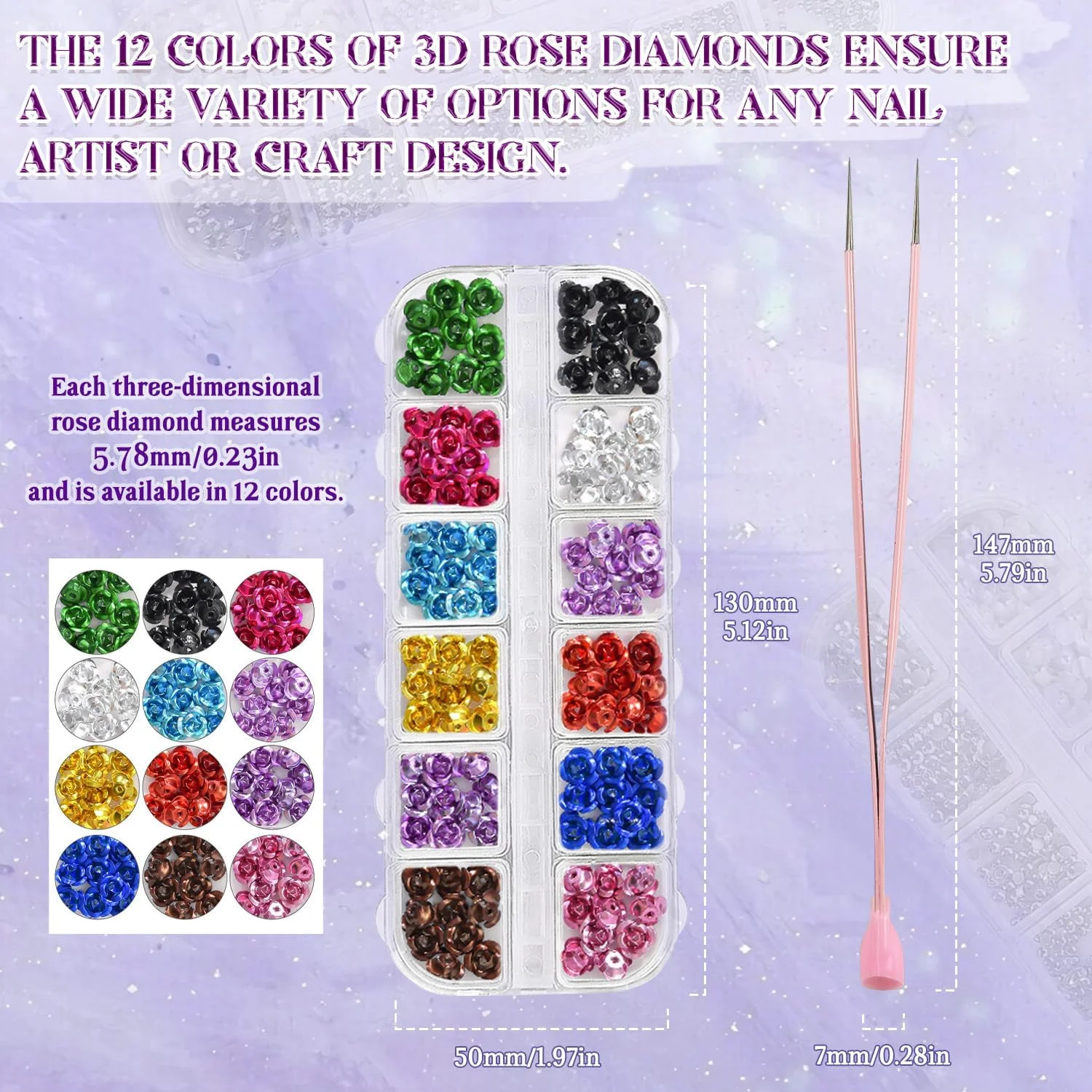 مجموعه 12 رنگ گل های آلومینیومی سه بعدی رز برای طراحی ناخن، لوازم جانبی جواهرات ناخن DIY با پشت صاف به همراه موچین دو طرفه برای تزئین ناخن، صنایع دستی، قاب گوشی و موارد دیگر