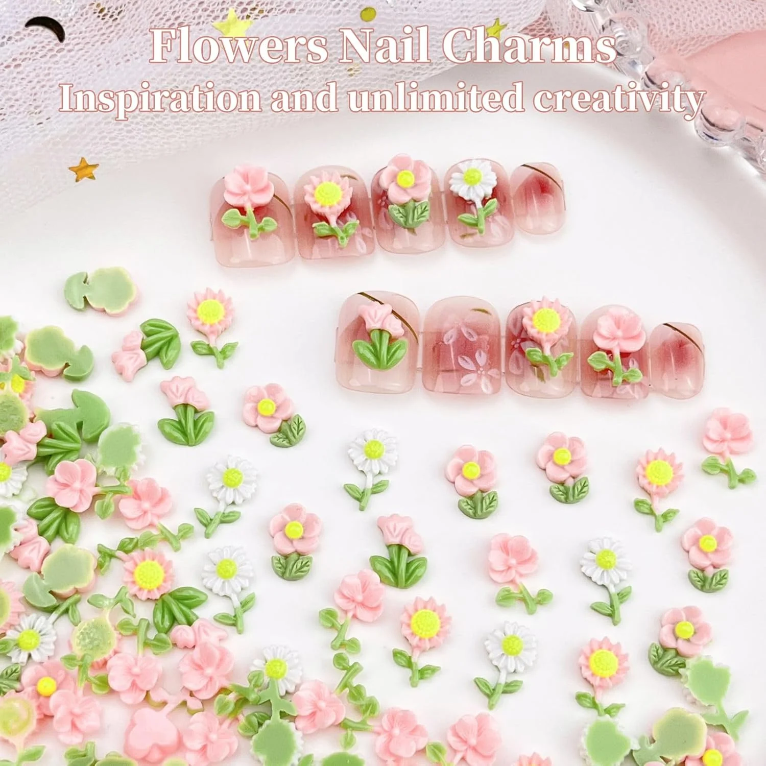 ۵۰ عدد گل سه بعدی برای طراحی ناخن، تزئینات هنری ناخن، لوازم جانبی DIY، جواهرات رزینی، گل های رنگارنگ، لوازم جانبی هنری گل مینا